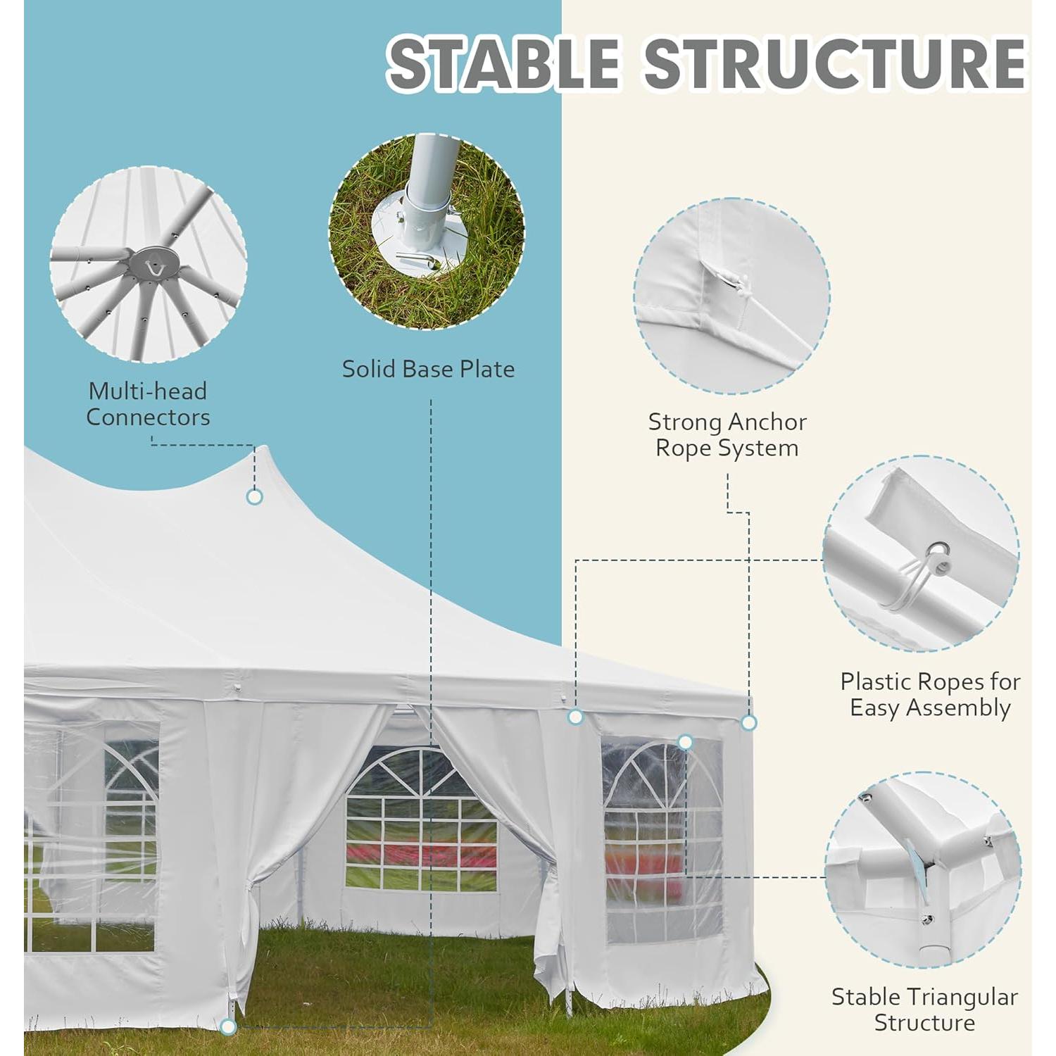 EROMMY 29x23ft Party Tent, White Wedding Tent, Dodecagonal Heavy Duty Canopy with Removable Sidewalls, 10 Church Windows and 2 Pull-Back Doors, Outdoor Gazebo Pavilion Shelter Tent for Party, Event