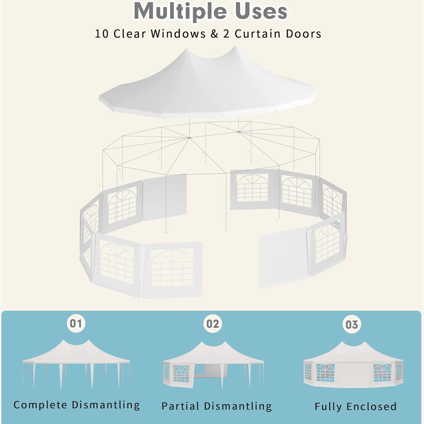 EROMMY 29x23ft Party Tent, White Wedding Tent, Dodecagonal Heavy Duty Canopy with Removable Sidewalls, 10 Church Windows and 2 Pull-Back Doors, Outdoor Gazebo Pavilion Shelter Tent for Party, Event