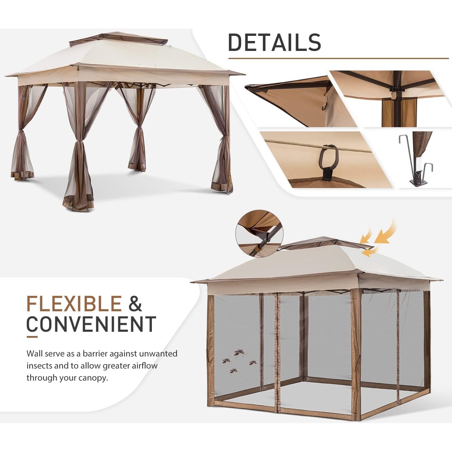 COOS BAY 11x11 Pop Up Instant Gazebo Tent with Mosquito Netting Outdoor Canopy Shelter with 121 Square Feet of Shade (Beige)