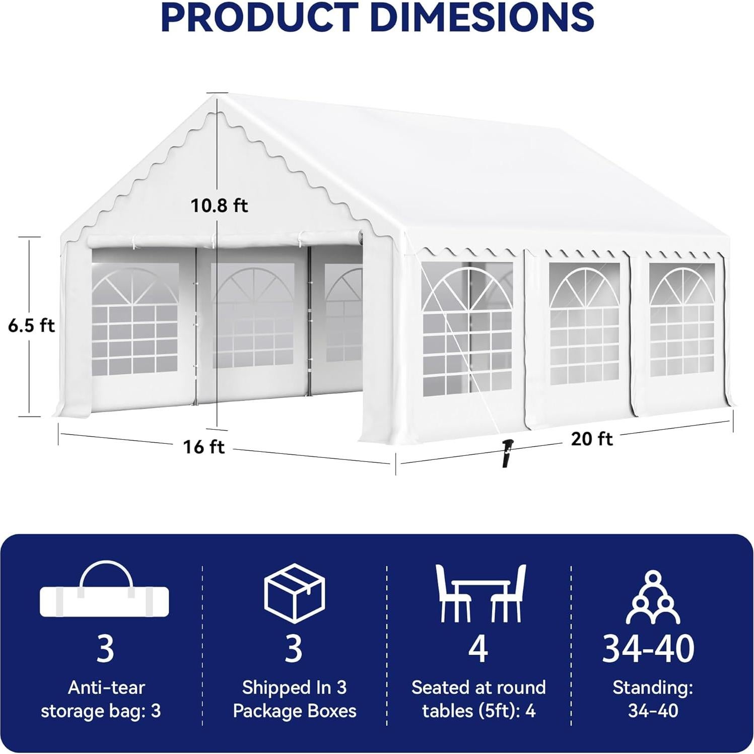 PHI VILLA 20'x16' Outdoor Heavy Duty Party Tent Large Commercial Canopy Wedding Event Shelter with Removable Sidewalls & 3 Storage Bags for Patio Outdoor Garden Events, White