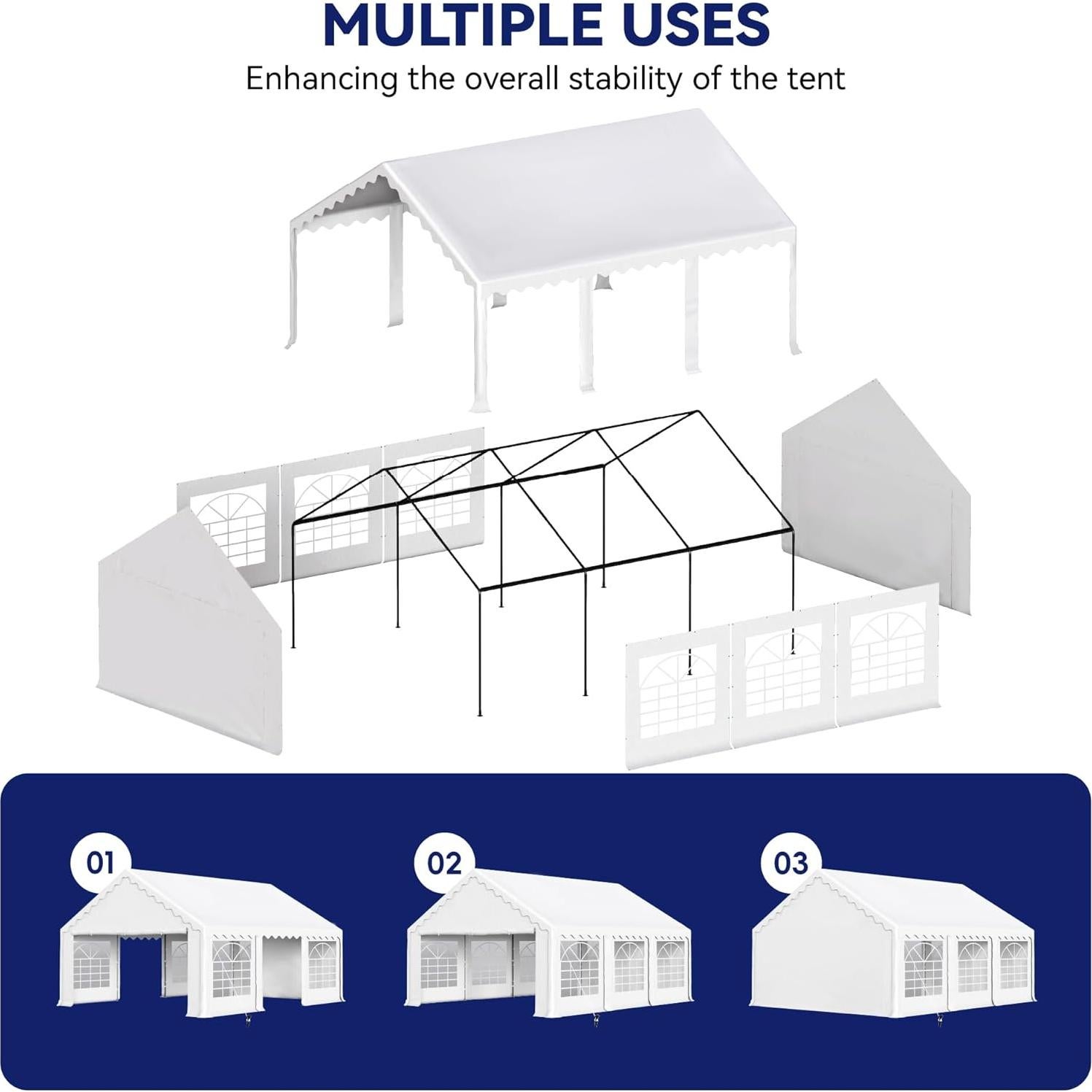 PHI VILLA 20'x16' Outdoor Heavy Duty Party Tent Large Commercial Canopy Wedding Event Shelter with Removable Sidewalls & 3 Storage Bags for Patio Outdoor Garden Events, White