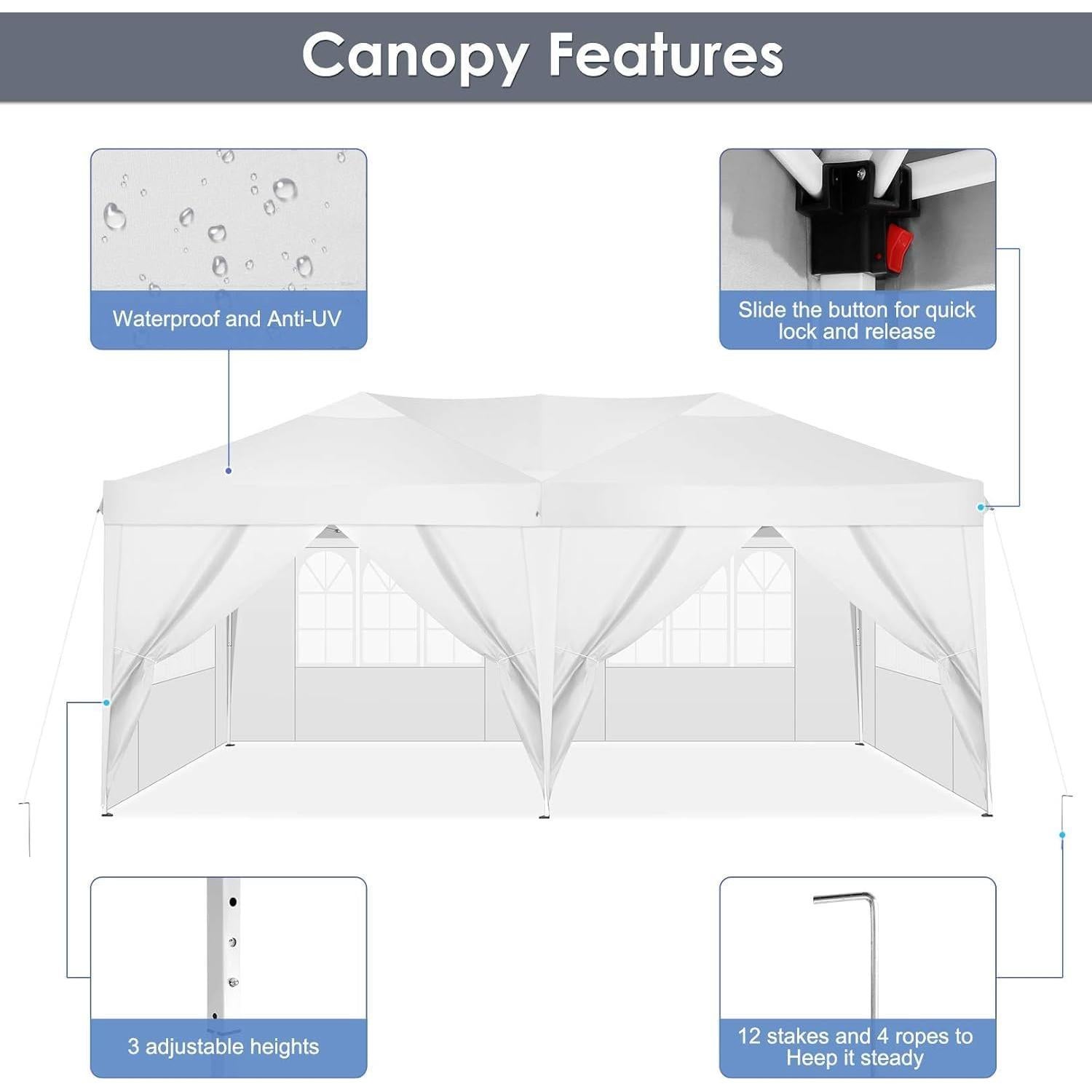 COBIZI Canopy 10x20 Pop Up Canopy Tent with 6 Sidewalls Party Tents for Parties Weddings Backyard Waterproof Canopy Outdoor Commercial Canopy Event Tent with Stakes, Ropes, White