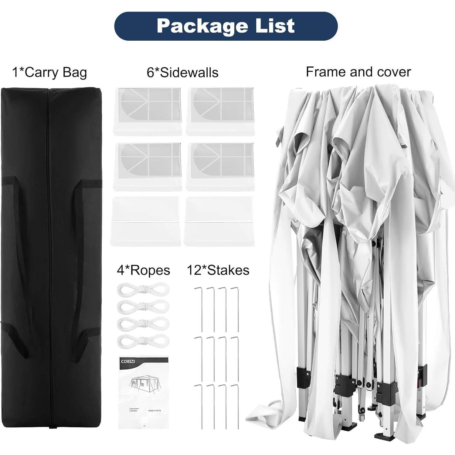 COBIZI Canopy 10x20 Pop Up Canopy Tent with 6 Sidewalls Party Tents for Parties Weddings Backyard Waterproof Canopy Outdoor Commercial Canopy Event Tent with Stakes, Ropes, White