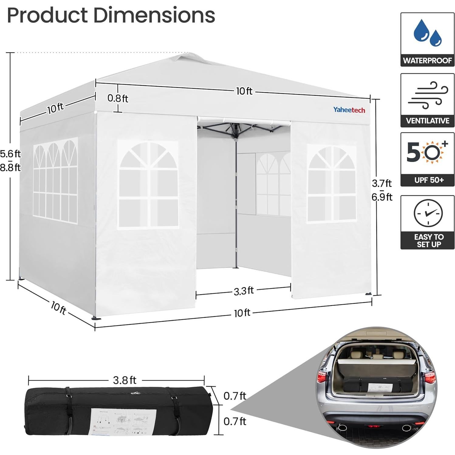 Yaheetech 10x10 FT Pop Up Canopy Tent with 4 Side Walls & One-Push Setup & Roller Bag, Outdoor Heavy-Duty Instant Event Tent for Garden/Wedding/Party, White