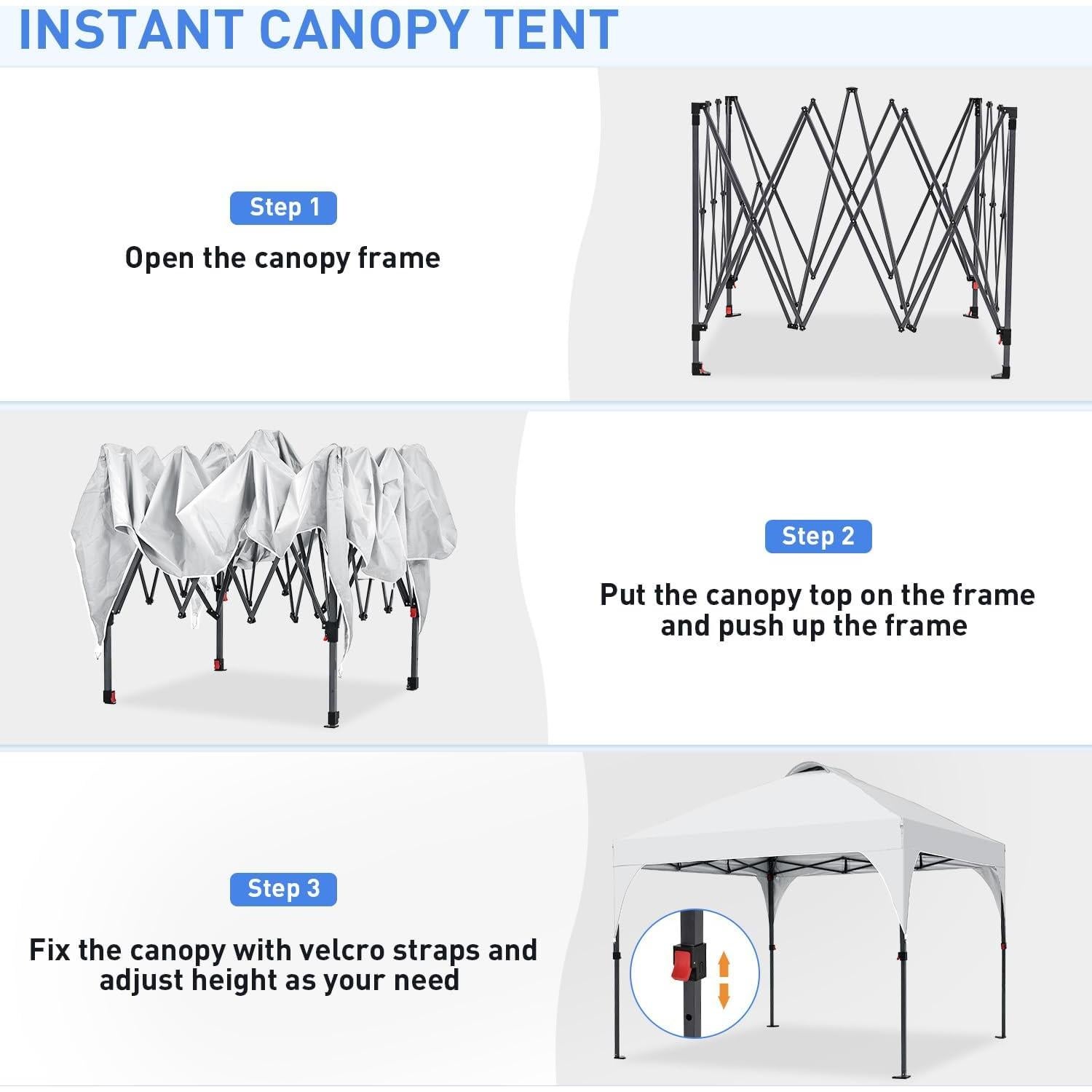 Pop Up Canopy, 10x10 FT Instant Outdoor Canopy Tent with Carrying Bag, 3 Adjustable Heights - Portable for Event, Parties, Camping and More Outdoor Activities