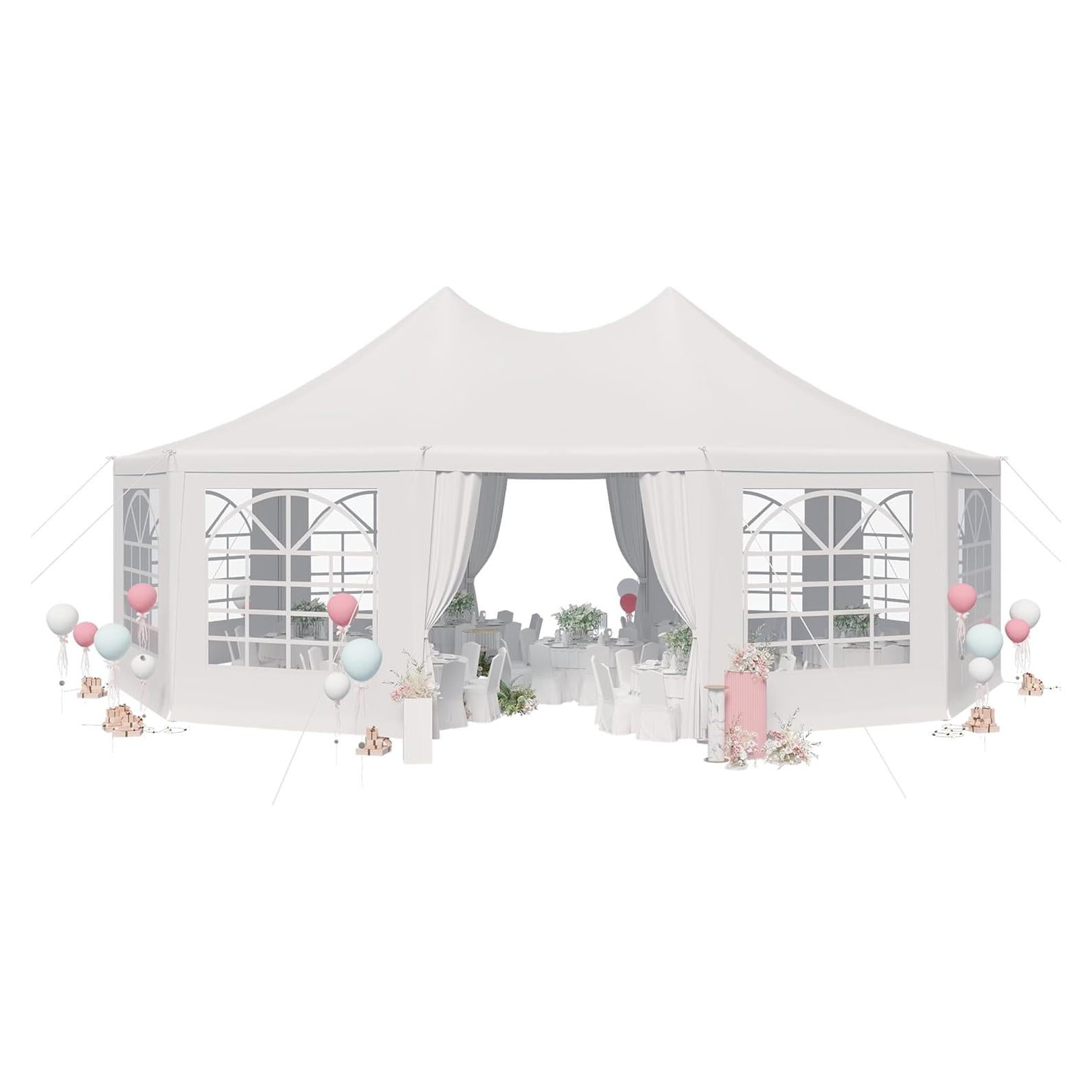 EROMMY 26'x19' Party Tent, White Wedding Tent, Decagonal Heavy Duty Canopy with 8 Removable Sidewalls, 8 Church Windows and 2 Pull-Back Doors, Outdoor Gazebo Pavilion Tent for Party, Wedding, Event