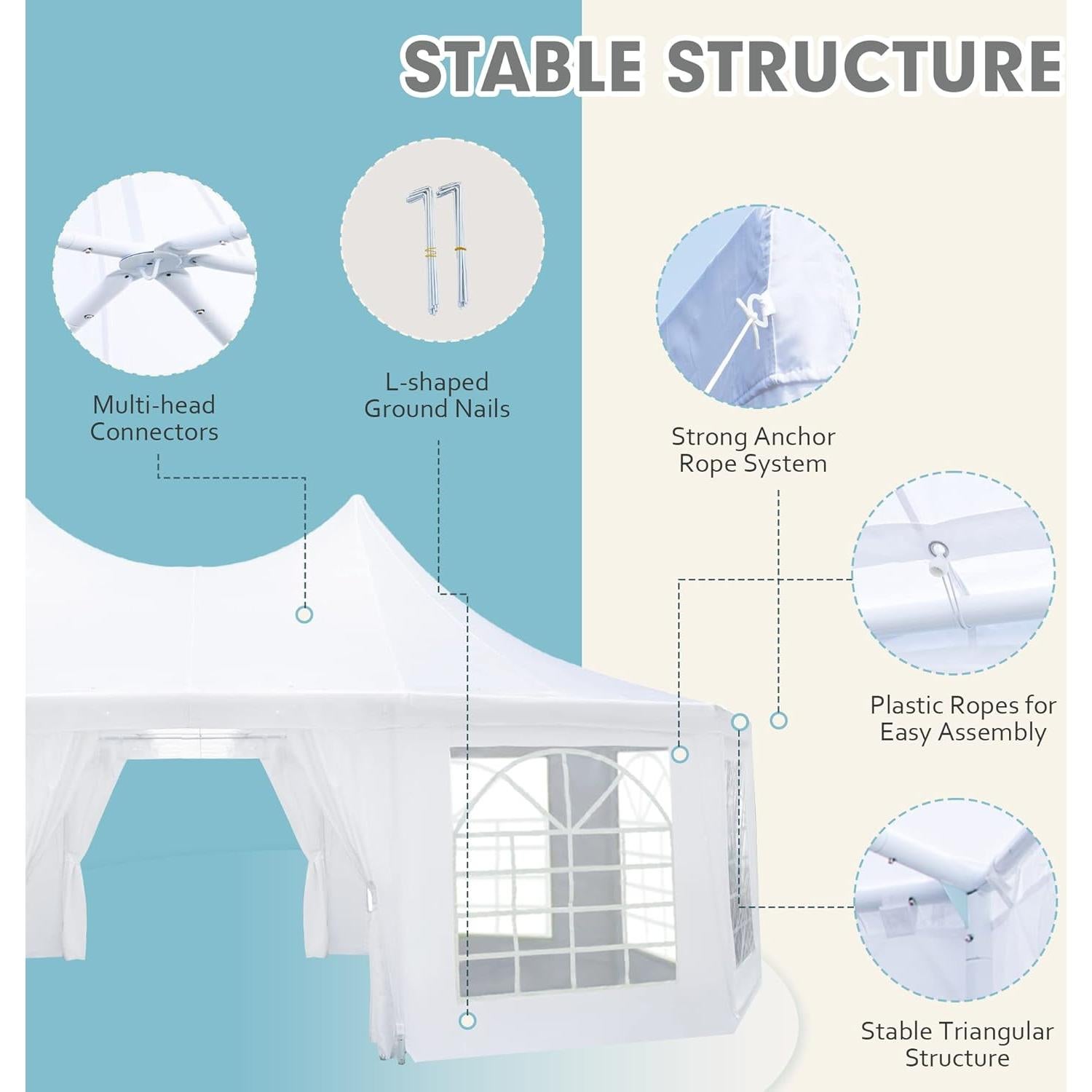 EROMMY 26'x19' Party Tent, White Wedding Tent, Decagonal Heavy Duty Canopy with 8 Removable Sidewalls, 8 Church Windows and 2 Pull-Back Doors, Outdoor Gazebo Pavilion Tent for Party, Wedding, Event