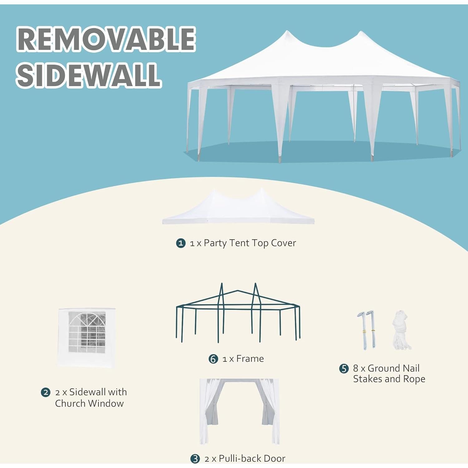 EROMMY 26'x19' Party Tent, White Wedding Tent, Decagonal Heavy Duty Canopy with 8 Removable Sidewalls, 8 Church Windows and 2 Pull-Back Doors, Outdoor Gazebo Pavilion Tent for Party, Wedding, Event