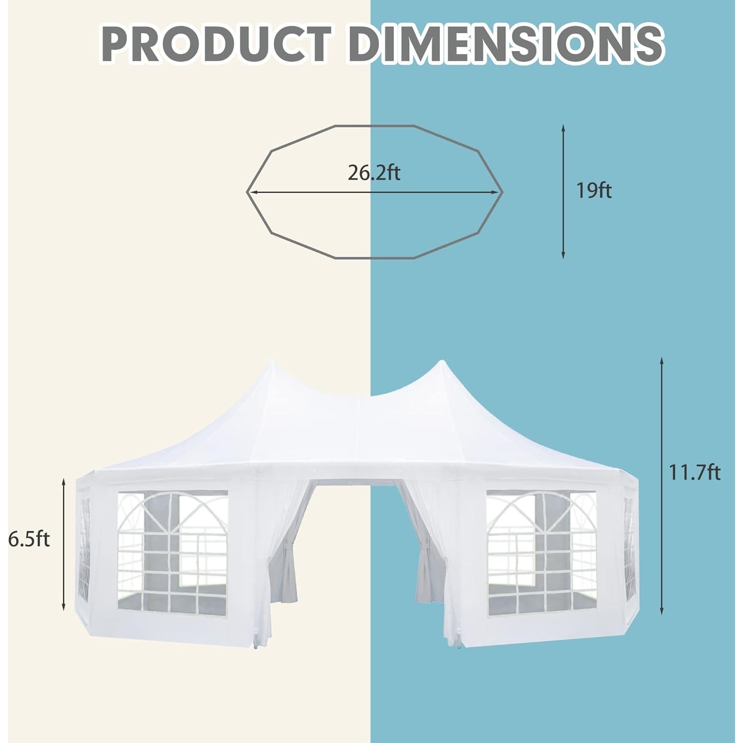 EROMMY 26'x19' Party Tent, White Wedding Tent, Decagonal Heavy Duty Canopy with 8 Removable Sidewalls, 8 Church Windows and 2 Pull-Back Doors, Outdoor Gazebo Pavilion Tent for Party, Wedding, Event