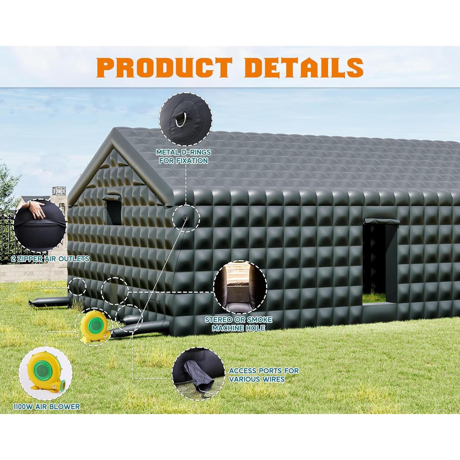 Albott 39x20x14 FT Large Black Inflatable Nightclub Tent for Adults with Pavilion Rest Area, Black Inflatable Night Club Gazebo with Dual Side Doors & Logo Area for Wedding, Birthday, Backyard Events