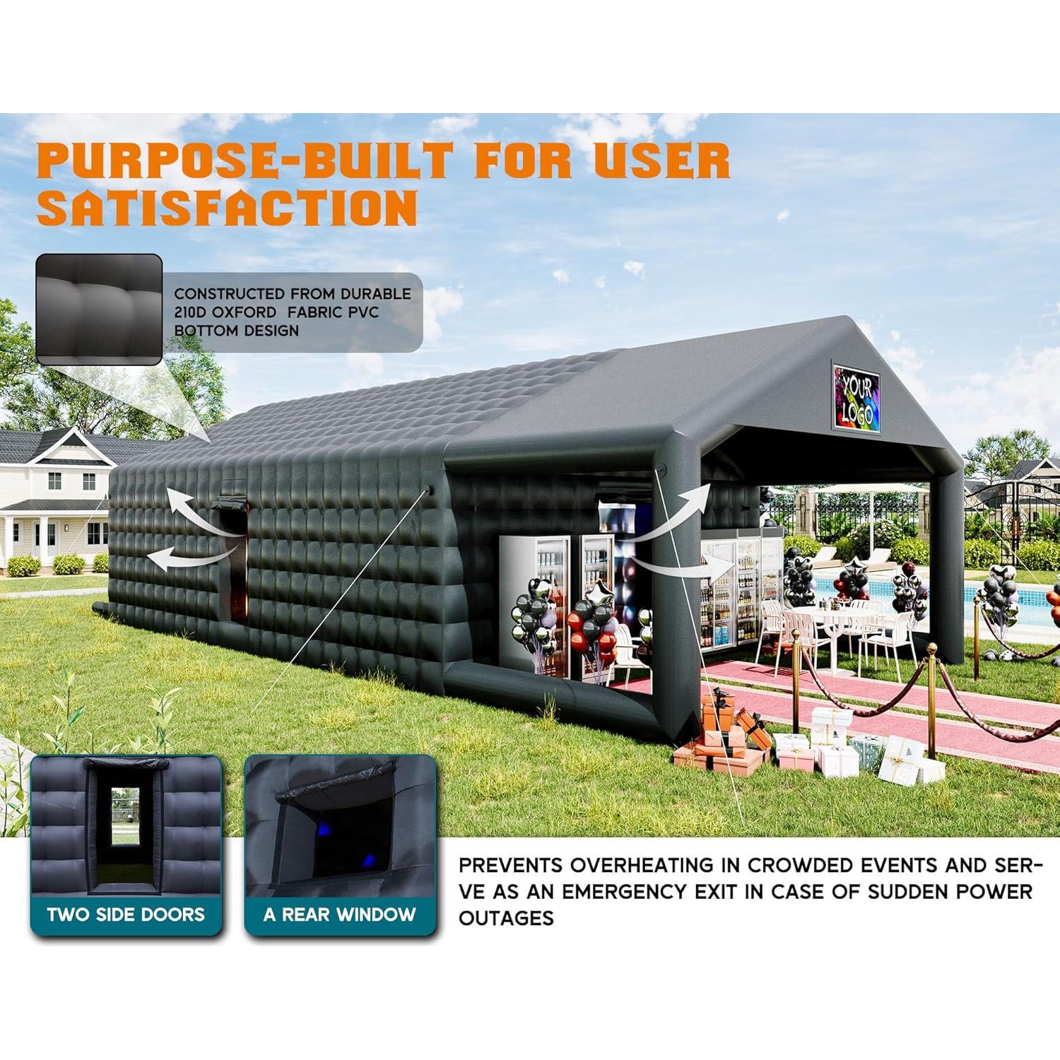 Albott 39x20x14 FT Large Black Inflatable Nightclub Tent for Adults with Pavilion Rest Area, Black Inflatable Night Club Gazebo with Dual Side Doors & Logo Area for Wedding, Birthday, Backyard Events