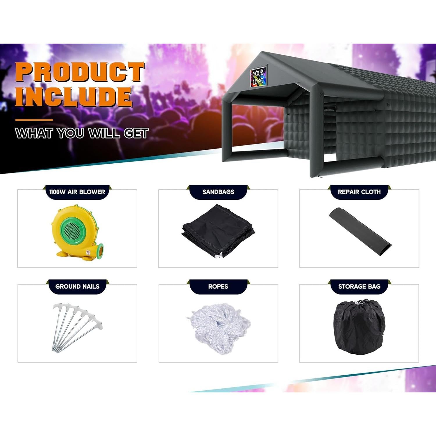 Albott 39x20x14 FT Large Black Inflatable Nightclub Tent for Adults with Pavilion Rest Area, Black Inflatable Night Club Gazebo with Dual Side Doors & Logo Area for Wedding, Birthday, Backyard Events