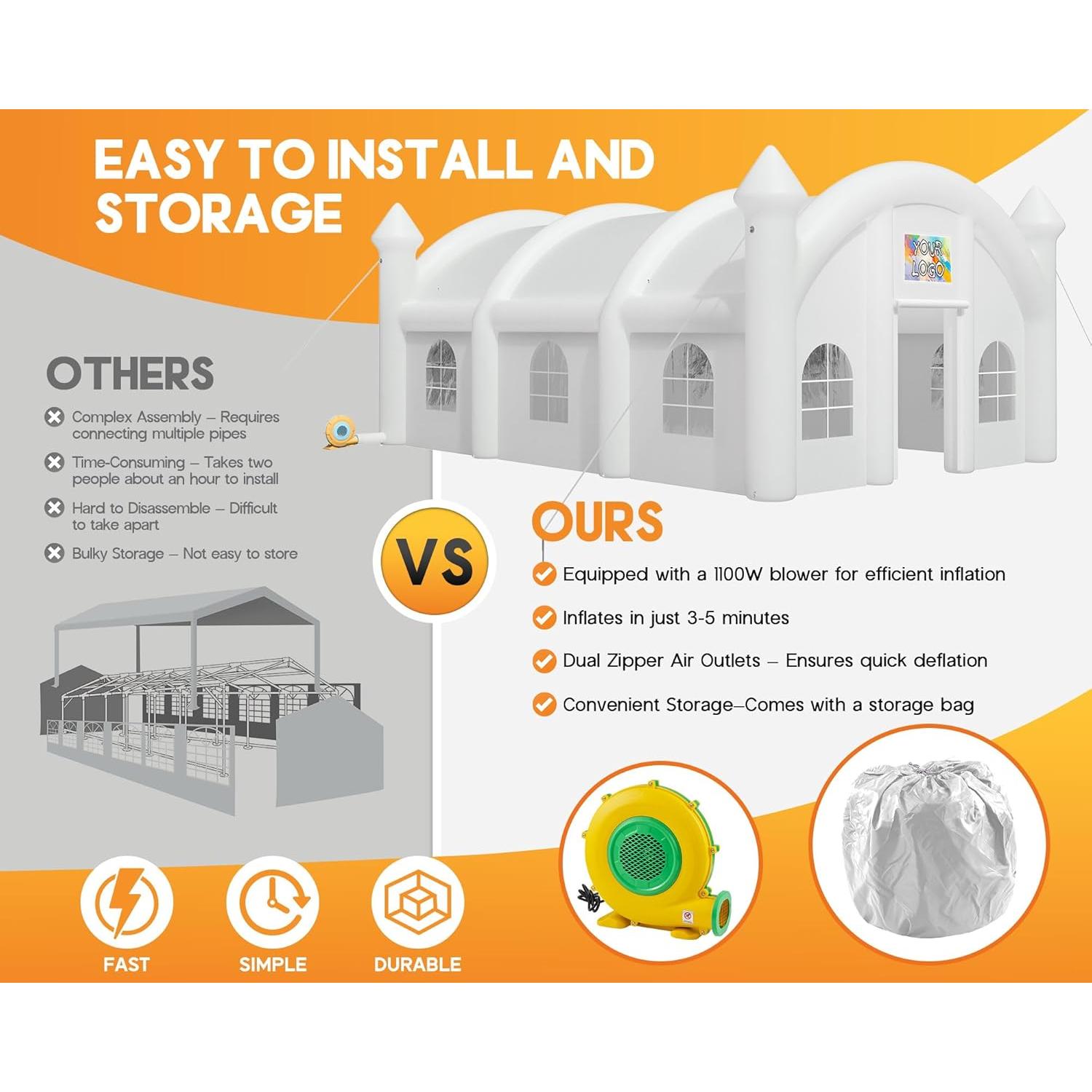 Albott 30x20x13 FT Commercial Inflatable Wedding Tent, 210D Oxford Fabric Portable Heavy Duty Party Tent with 2 Roll-Up Doors & 8 Sand Bags, Gazebo Event House for Wedding Birthday Backyard Party