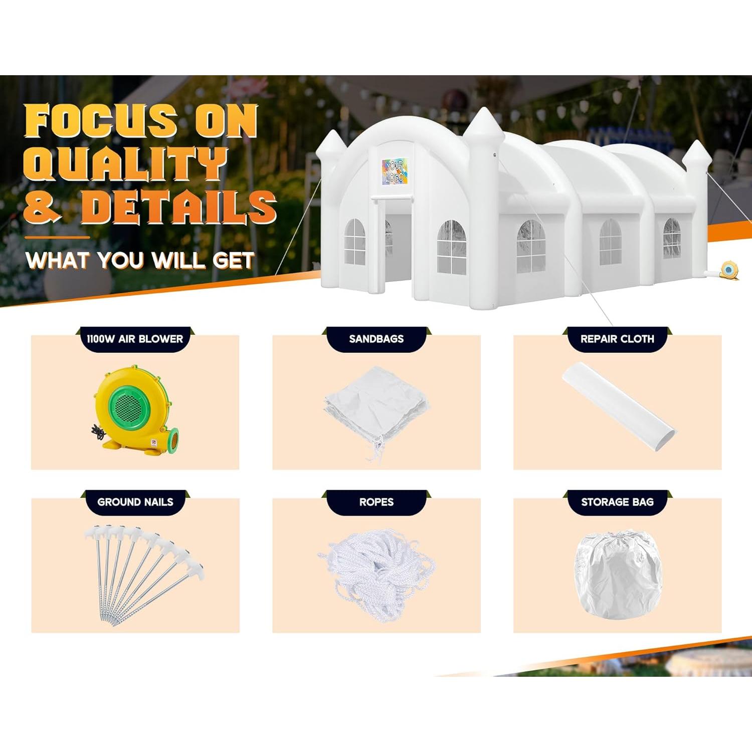 Albott 30x20x13 FT Commercial Inflatable Wedding Tent, 210D Oxford Fabric Portable Heavy Duty Party Tent with 2 Roll-Up Doors & 8 Sand Bags, Gazebo Event House for Wedding Birthday Backyard Party