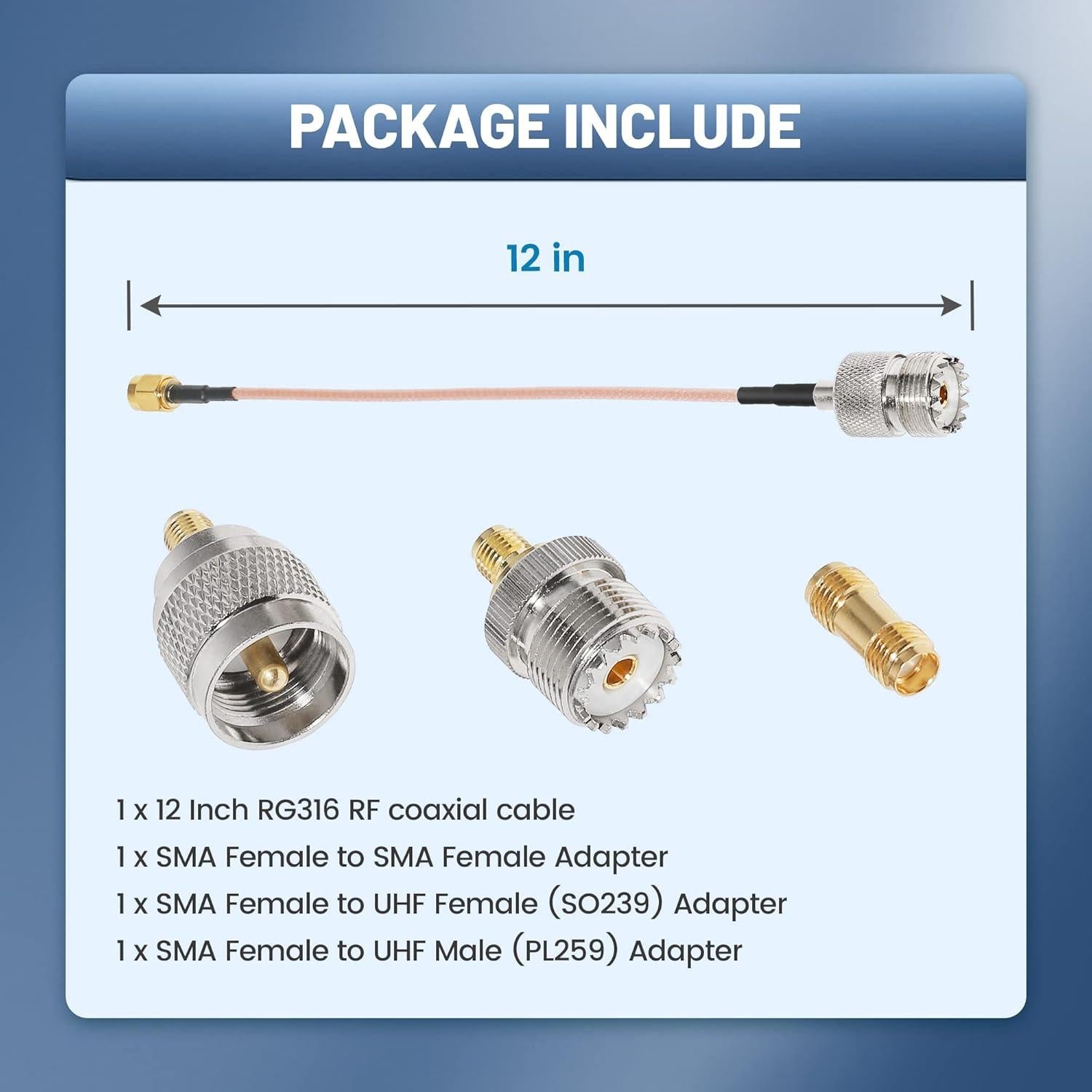 Cable Coaxial RF RG316 Anina 30.48 cm con 3 Adaptadores SMA-UHF