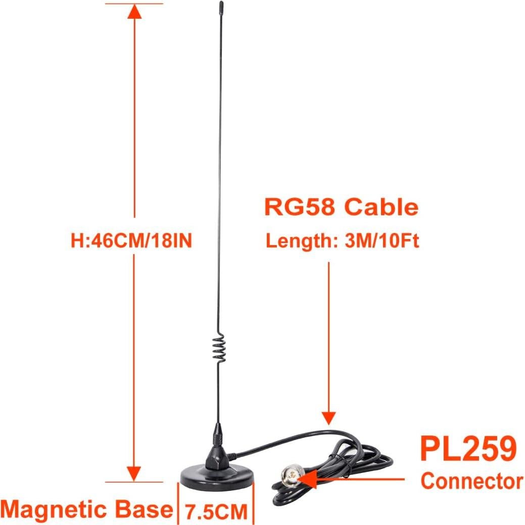 Dualband Antenna 2meter 70cm Mobile VHF/UHF Ham Radio (137-149, 437-480 Mhz) Mag Mount Magnet Base PL-259 Connector, 10 Ft RG58 Cable
