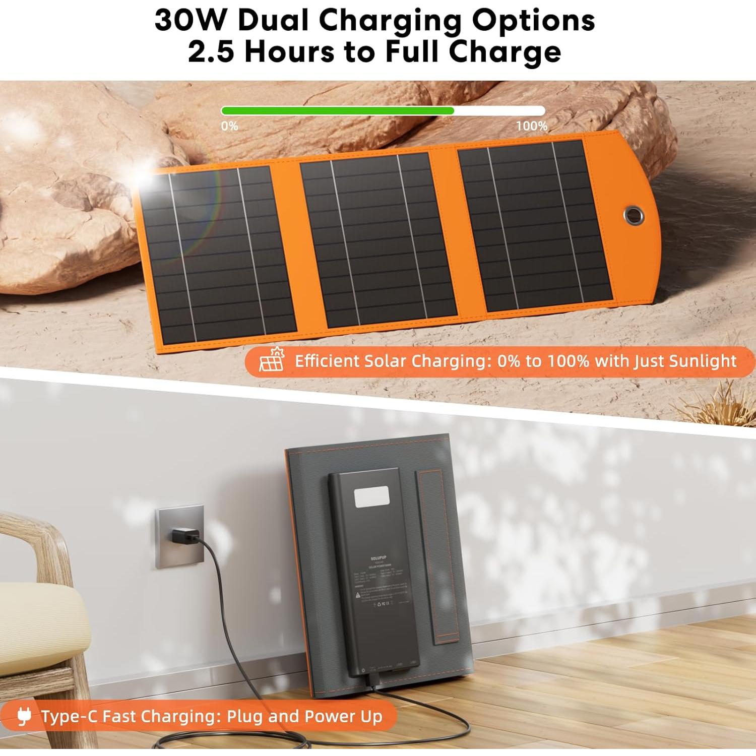 Cargador Solar 10000mAh Power Bank 30W Plegable IPX5