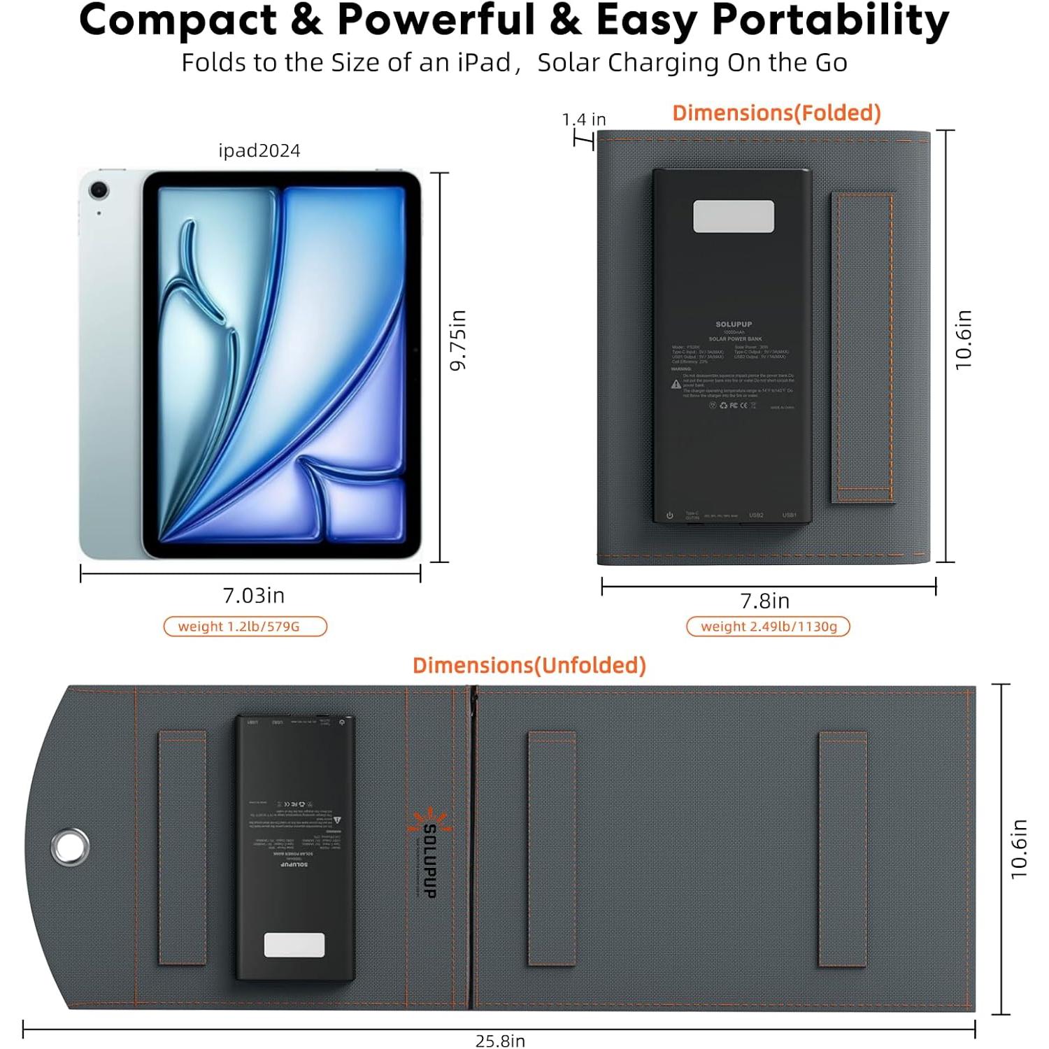 Cargador Solar 10000mAh Power Bank 30W Plegable IPX5