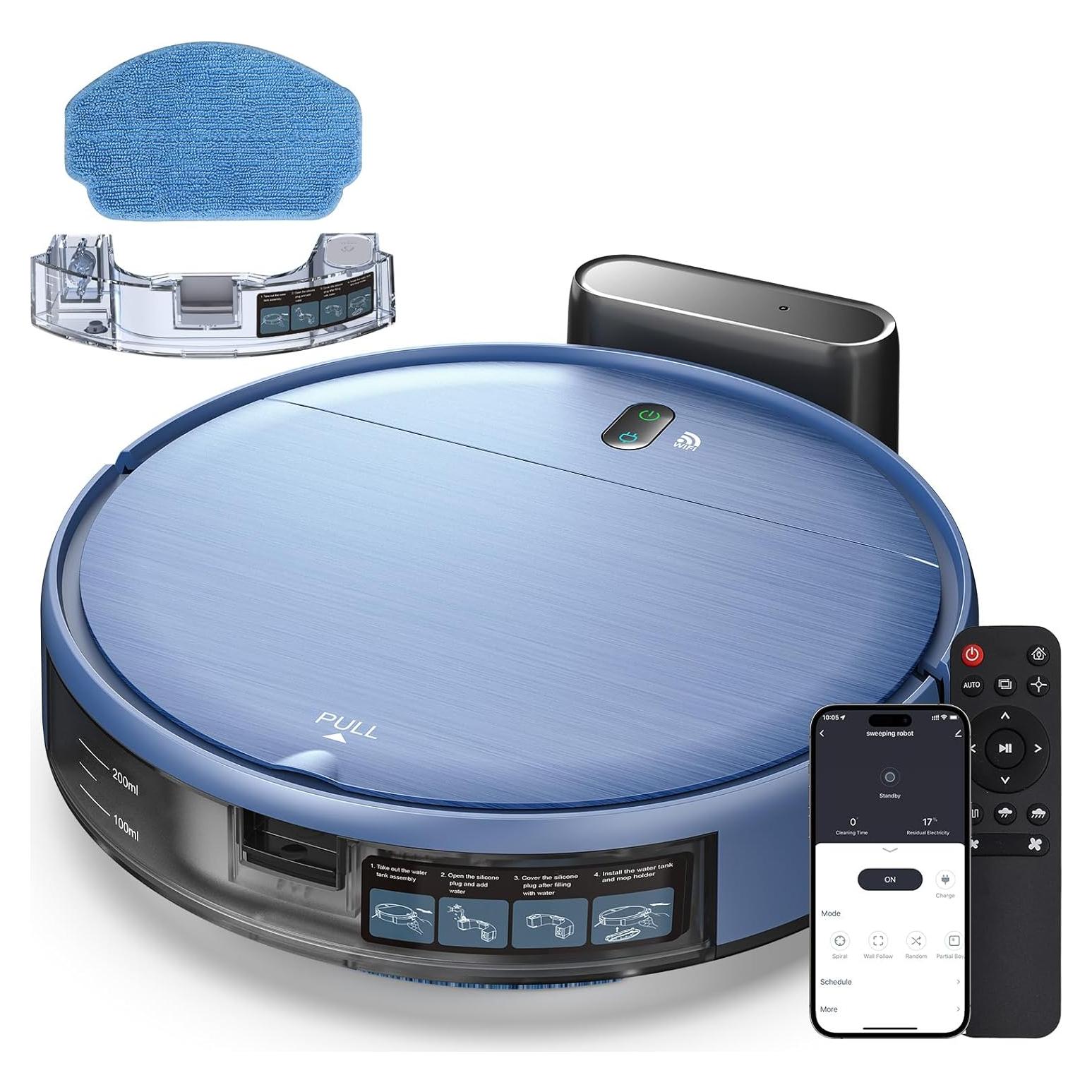 Robot Vacuum and Mop, 2-in-1 Robotic Vacuums Cleaner with Smart Max Strong Suction, WiFi/App/Alexa Voice Control, Obstacle Avoidance, for Pet Hair, Carpets and More - Blue