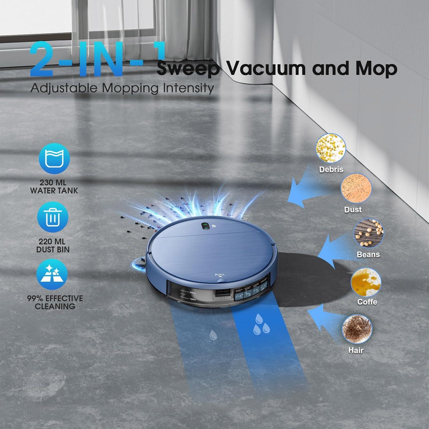 Robot Vacuum and Mop, 2-in-1 Robotic Vacuums Cleaner with Smart Max Strong Suction, WiFi/App/Alexa Voice Control, Obstacle Avoidance, for Pet Hair, Carpets and More - Blue