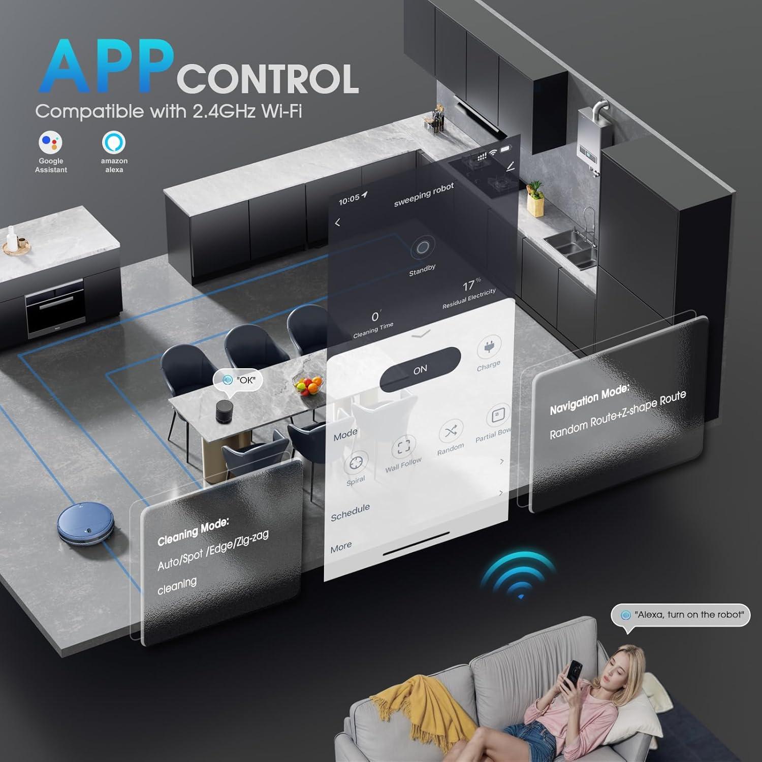 Robot Vacuum and Mop, 2-in-1 Robotic Vacuums Cleaner with Smart Max Strong Suction, WiFi/App/Alexa Voice Control, Obstacle Avoidance, for Pet Hair, Carpets and More - Blue