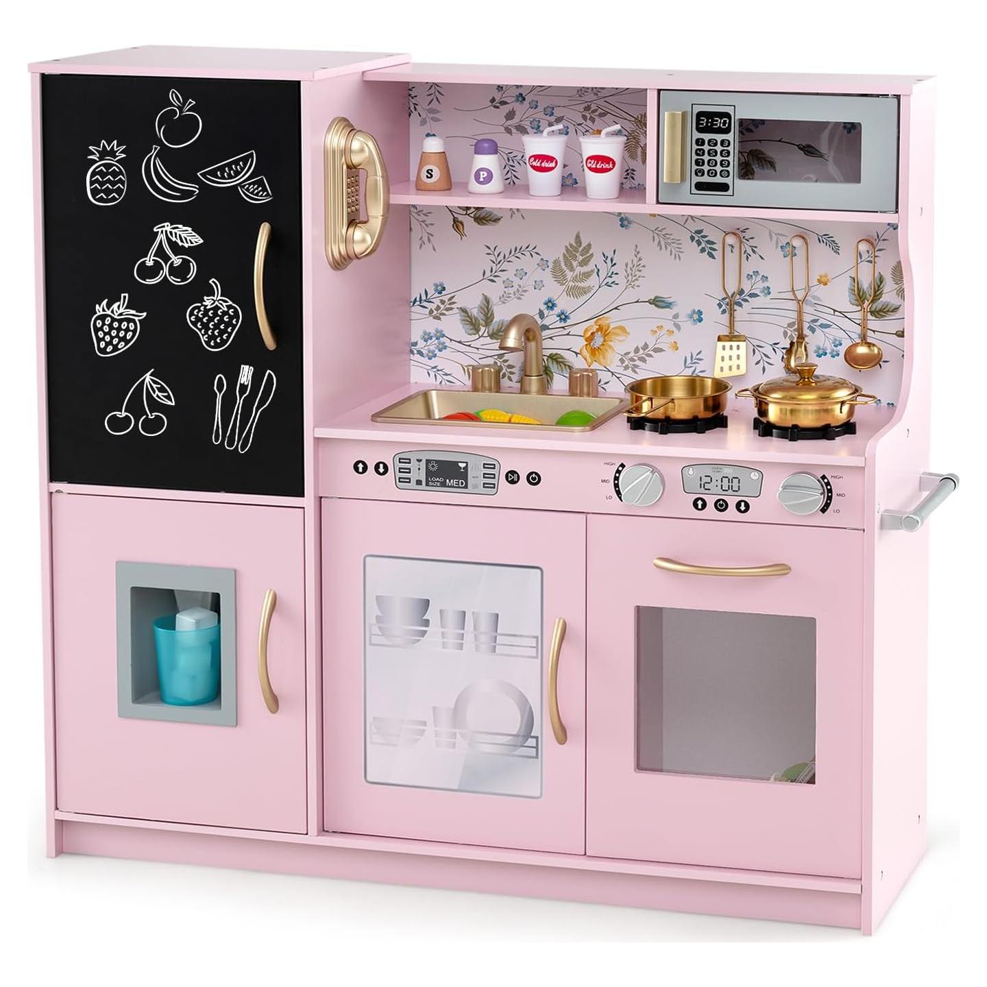OLAKIDS Kids Kitchen Playset, Toddler Wooden Pretend Cooking Set with Sound, Chalkboard Fridge Ice Maker Microwave Oven Stove Telephone Sink, Simulation Chef Play Toy Gift for Boys Girls (Baby Pink)