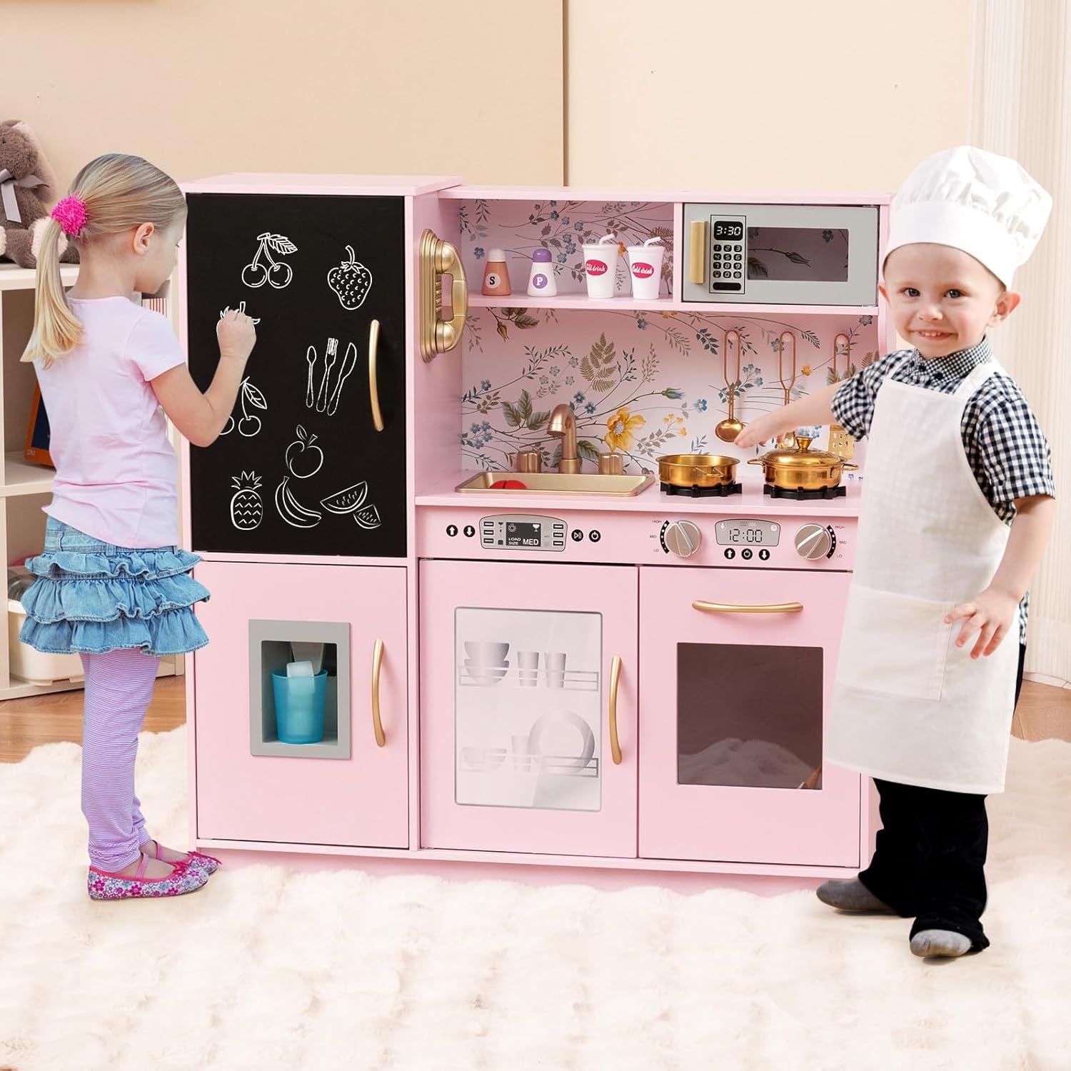 OLAKIDS Kids Kitchen Playset, Toddler Wooden Pretend Cooking Set with Sound, Chalkboard Fridge Ice Maker Microwave Oven Stove Telephone Sink, Simulation Chef Play Toy Gift for Boys Girls (Baby Pink)