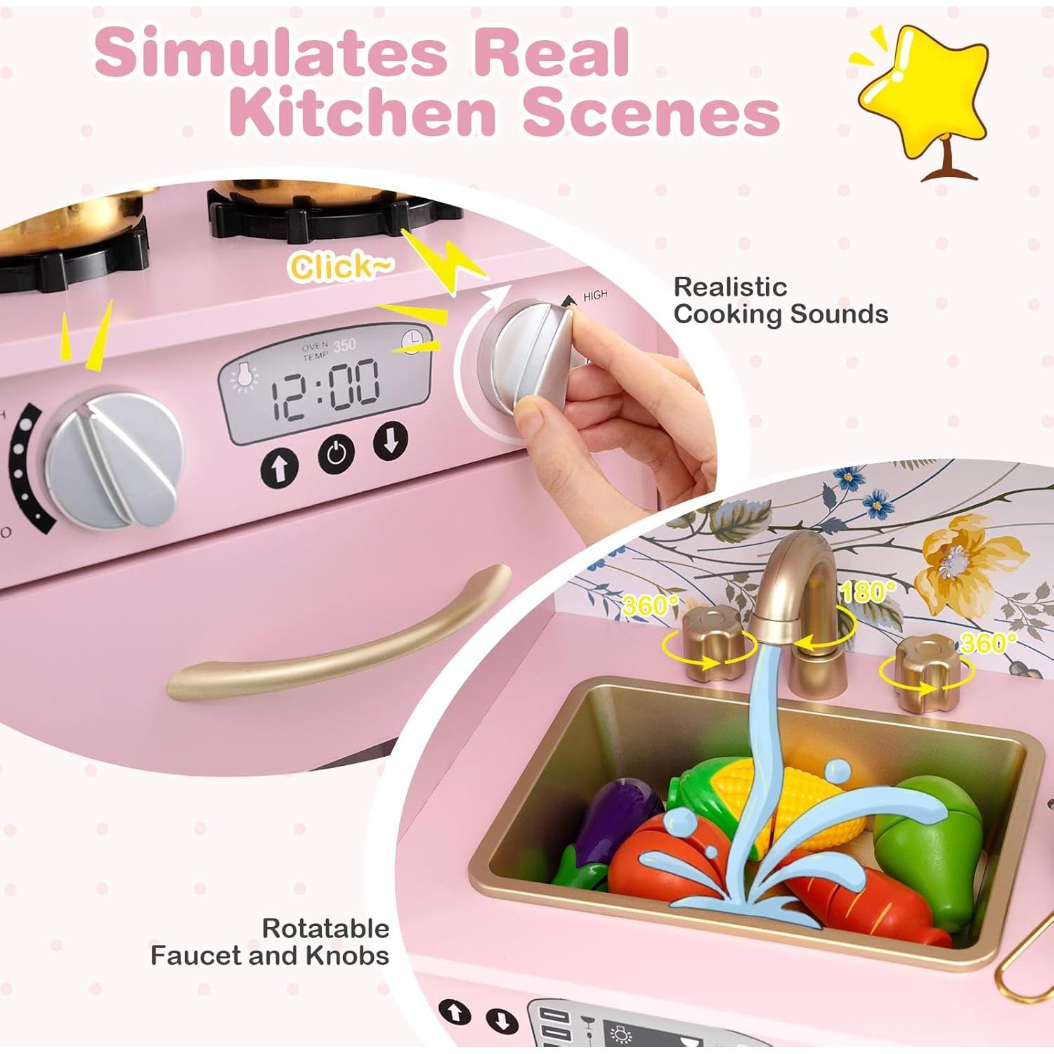 OLAKIDS Kids Kitchen Playset, Toddler Wooden Pretend Cooking Set with Sound, Chalkboard Fridge Ice Maker Microwave Oven Stove Telephone Sink, Simulation Chef Play Toy Gift for Boys Girls (Baby Pink)