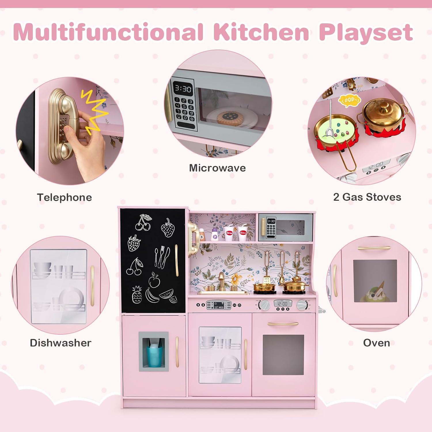 OLAKIDS Kids Kitchen Playset, Toddler Wooden Pretend Cooking Set with Sound, Chalkboard Fridge Ice Maker Microwave Oven Stove Telephone Sink, Simulation Chef Play Toy Gift for Boys Girls (Baby Pink)