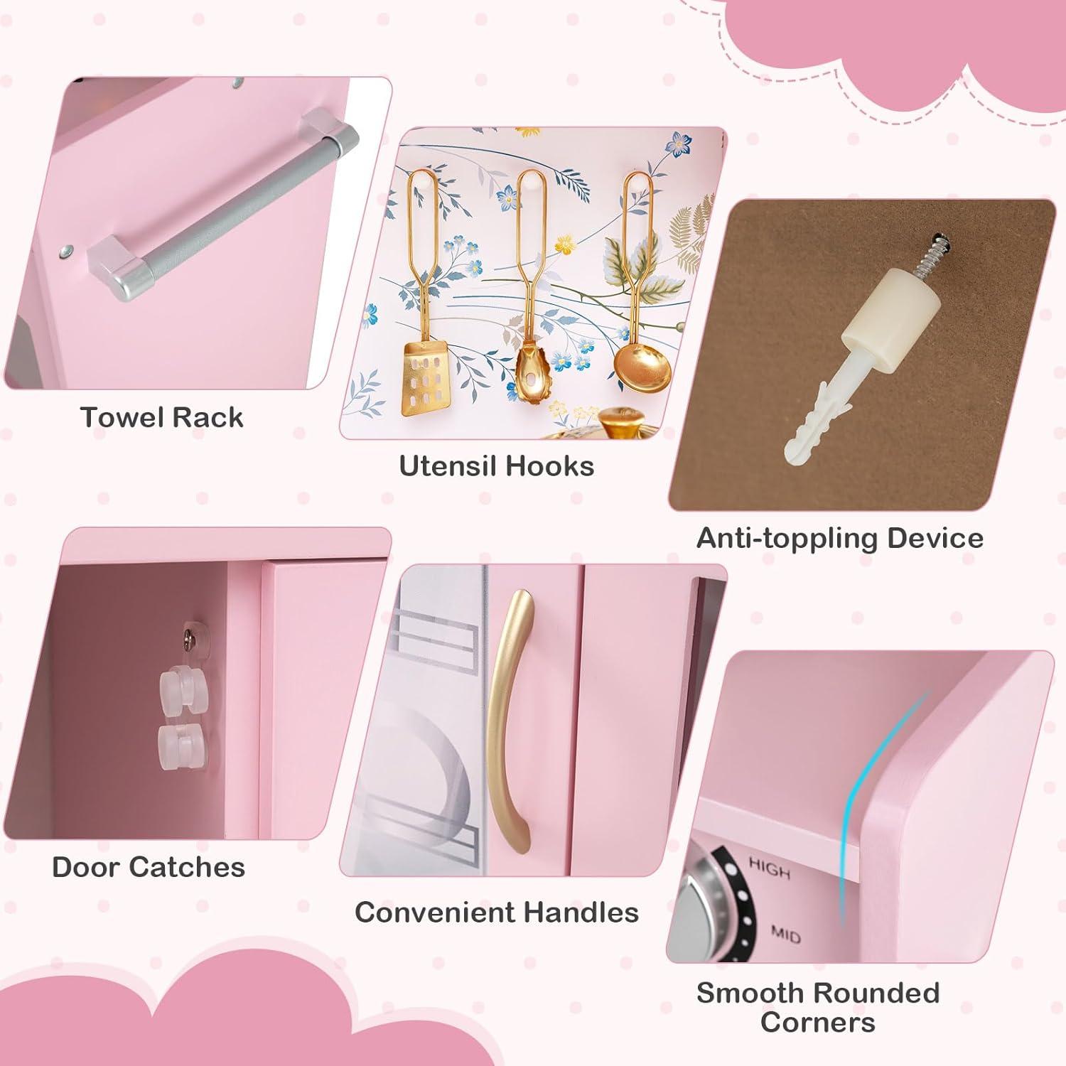 OLAKIDS Kids Kitchen Playset, Toddler Wooden Pretend Cooking Set with Sound, Chalkboard Fridge Ice Maker Microwave Oven Stove Telephone Sink, Simulation Chef Play Toy Gift for Boys Girls (Baby Pink)