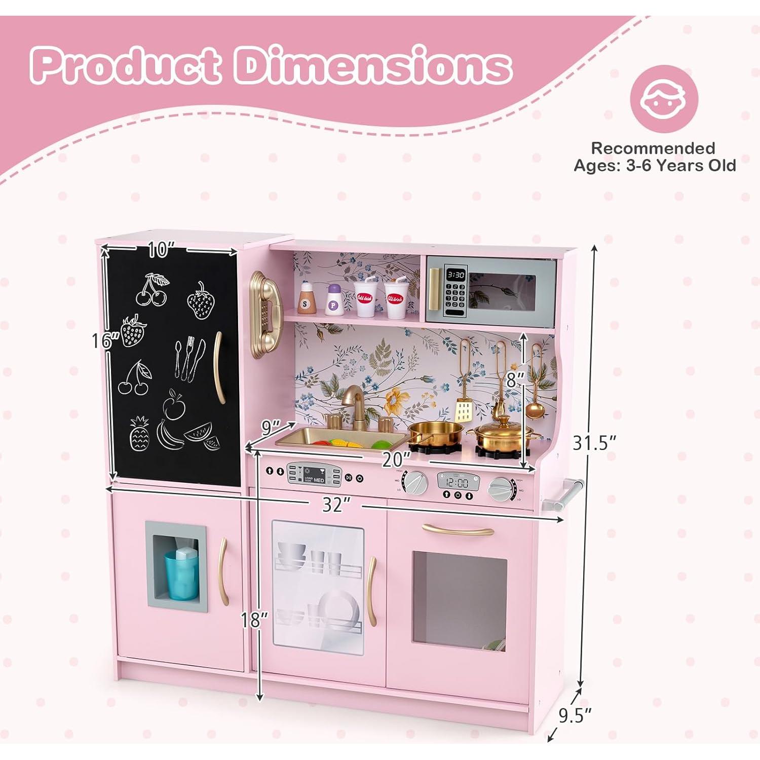 OLAKIDS Kids Kitchen Playset, Toddler Wooden Pretend Cooking Set with Sound, Chalkboard Fridge Ice Maker Microwave Oven Stove Telephone Sink, Simulation Chef Play Toy Gift for Boys Girls (Baby Pink)