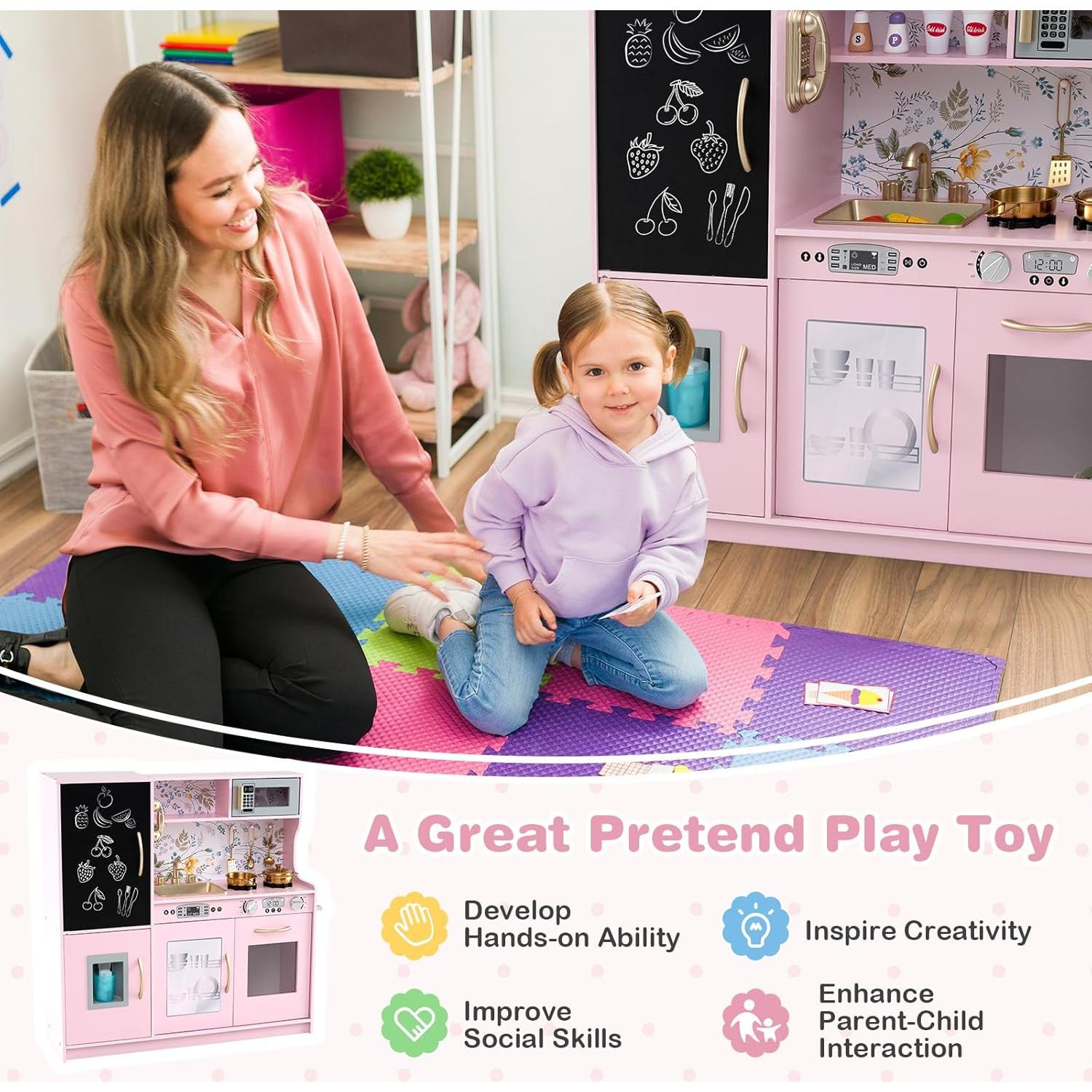 OLAKIDS Kids Kitchen Playset, Toddler Wooden Pretend Cooking Set with Sound, Chalkboard Fridge Ice Maker Microwave Oven Stove Telephone Sink, Simulation Chef Play Toy Gift for Boys Girls (Baby Pink)