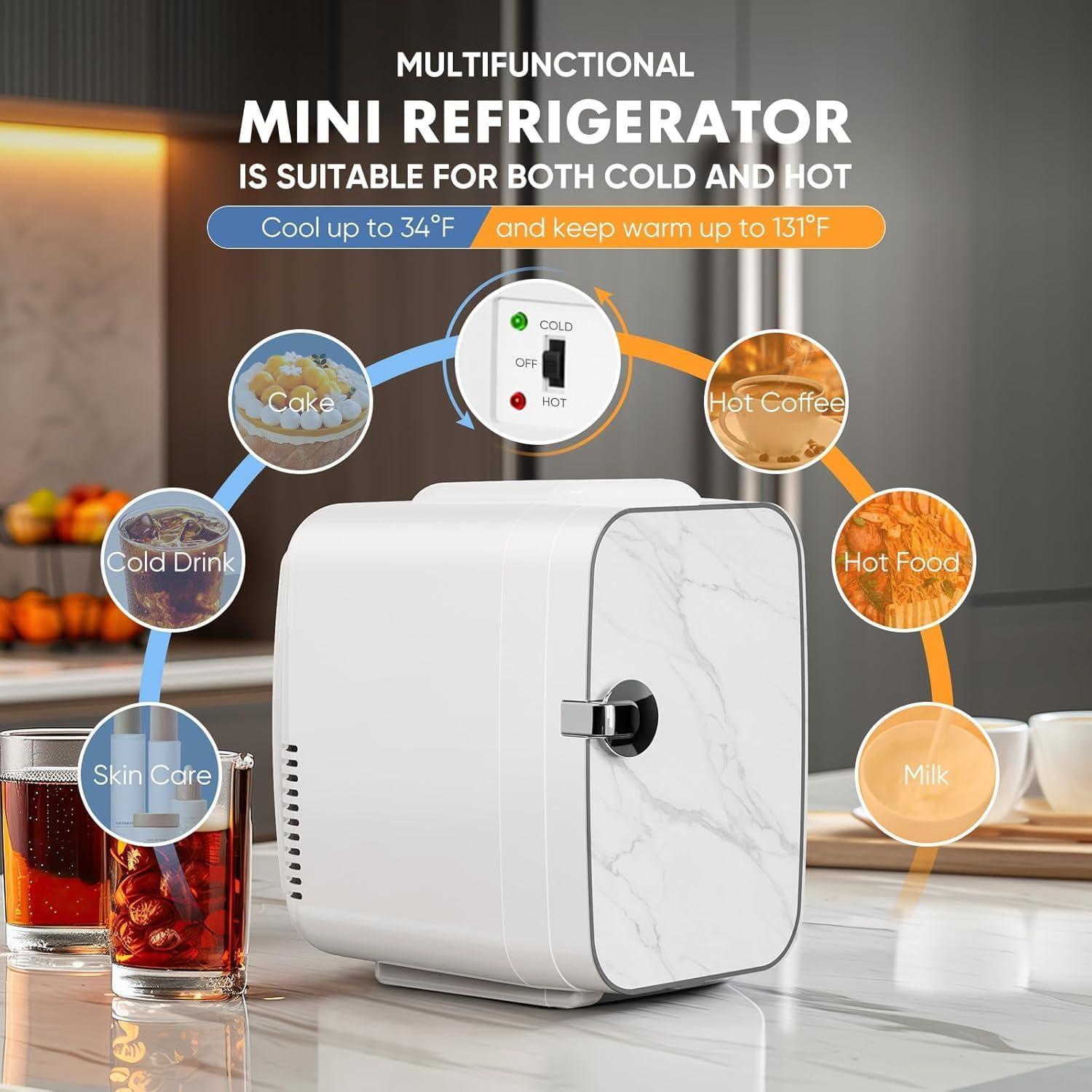 Mini Fridge, 4 Liter/6 Cans Portable Small, 12V AC/DC Cooler and Warmer Compact Refrigerator, Skin Care, Cosmetics, Food, for Bedroom, Marble White