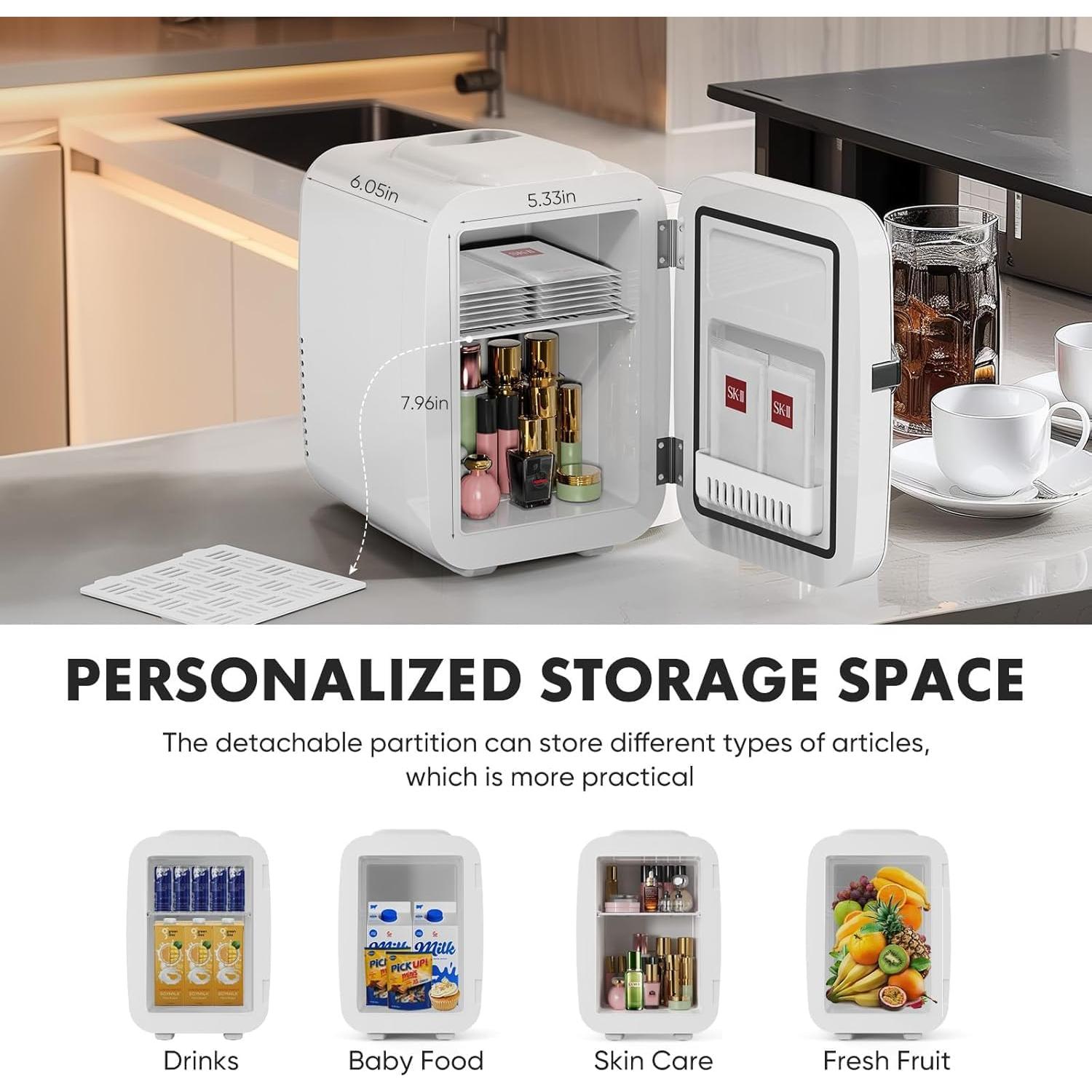 Mini Fridge, 4 Liter/6 Cans Portable Small, 12V AC/DC Cooler and Warmer Compact Refrigerator, Skin Care, Cosmetics, Food, for Bedroom, Marble White