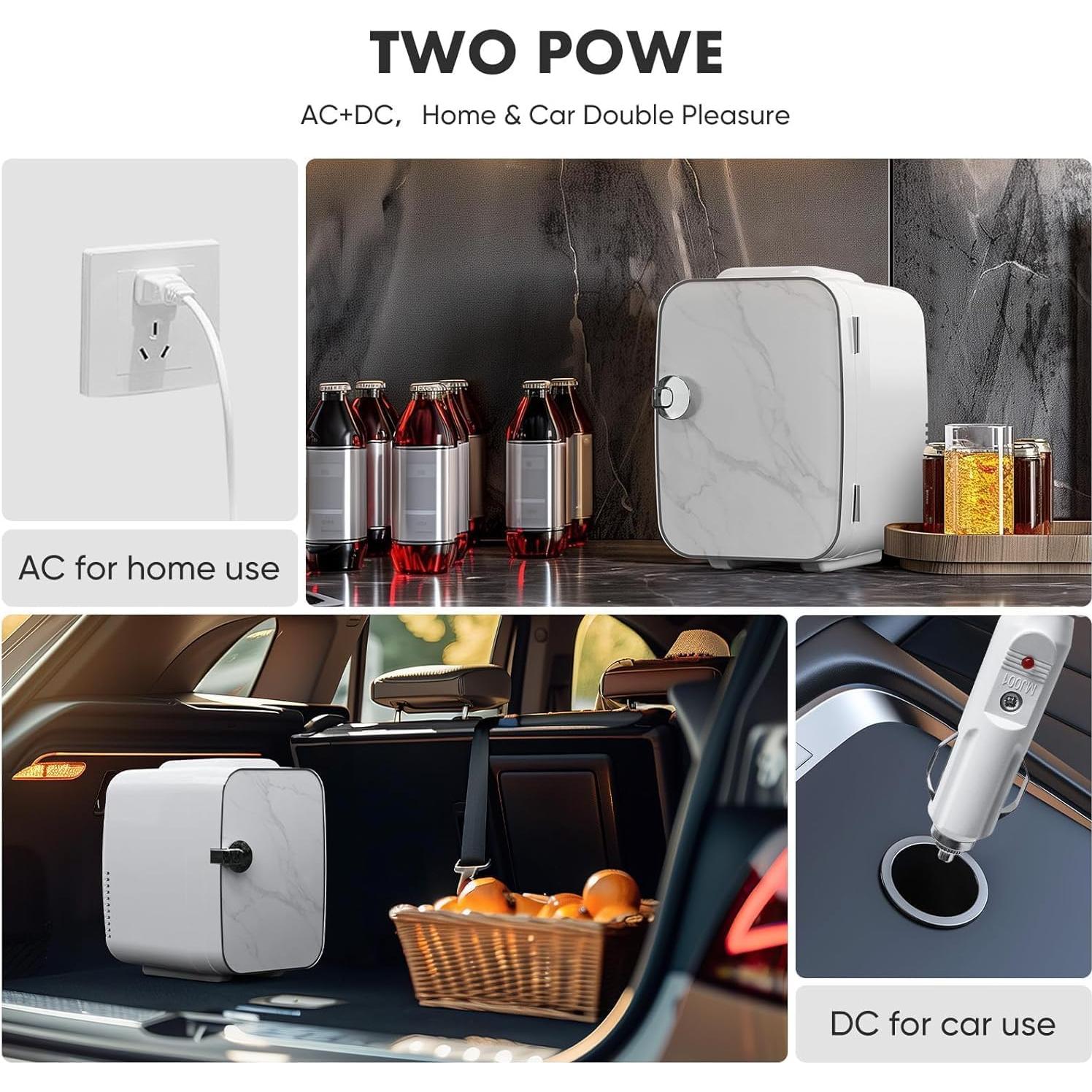 Mini Fridge, 4 Liter/6 Cans Portable Small, 12V AC/DC Cooler and Warmer Compact Refrigerator, Skin Care, Cosmetics, Food, for Bedroom, Marble White