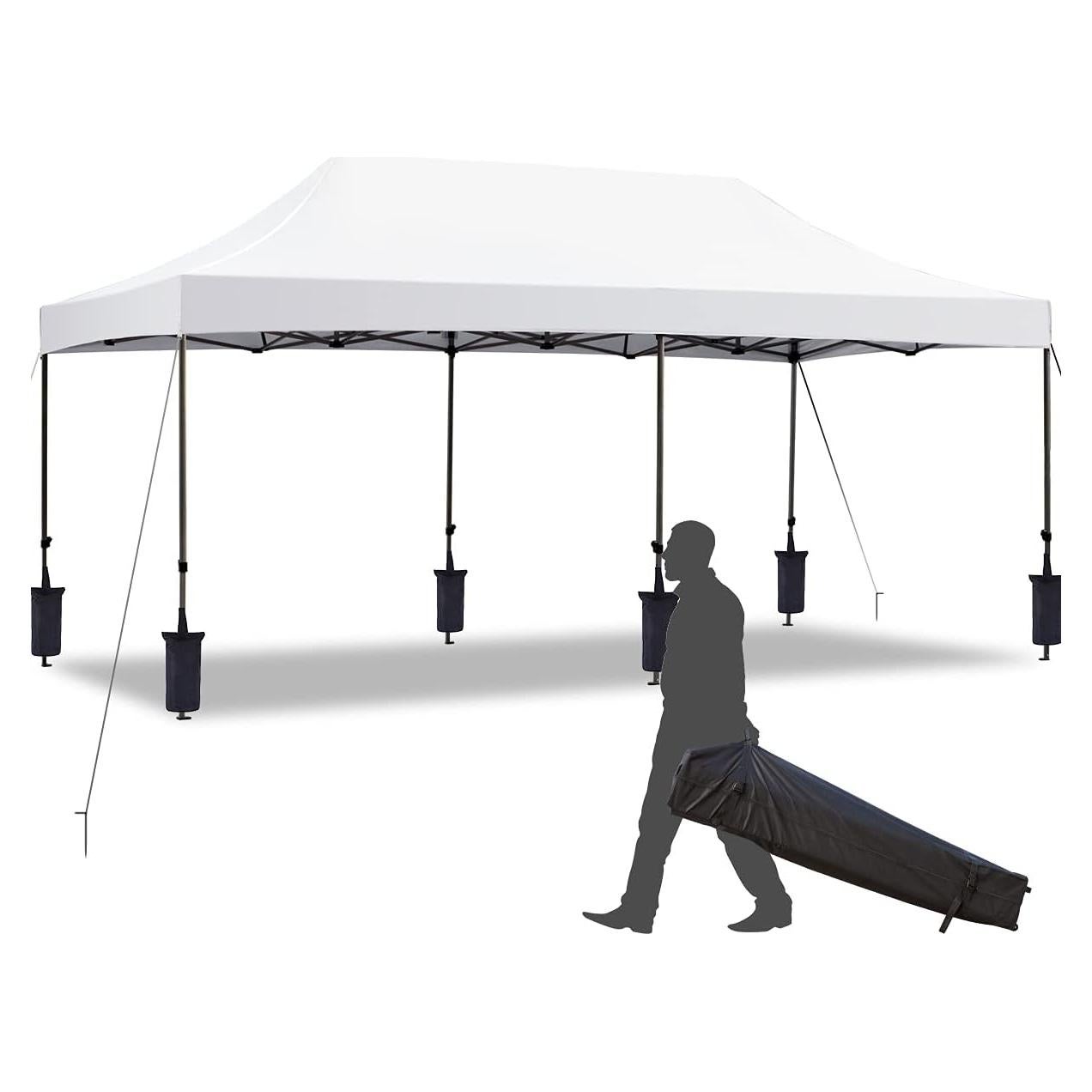 EROMMY 10' x 20' Pop Up Canopy Tent, Commercial Instant Canopy with Roller Bag, 6 Sand Bags, Outdoor Canopies for Festival, Event, White