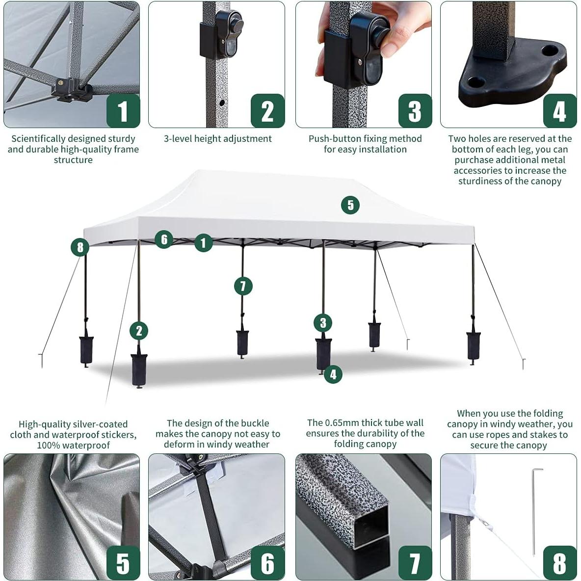 EROMMY 10' x 20' Pop Up Canopy Tent, Commercial Instant Canopy with Roller Bag, 6 Sand Bags, Outdoor Canopies for Festival, Event, White