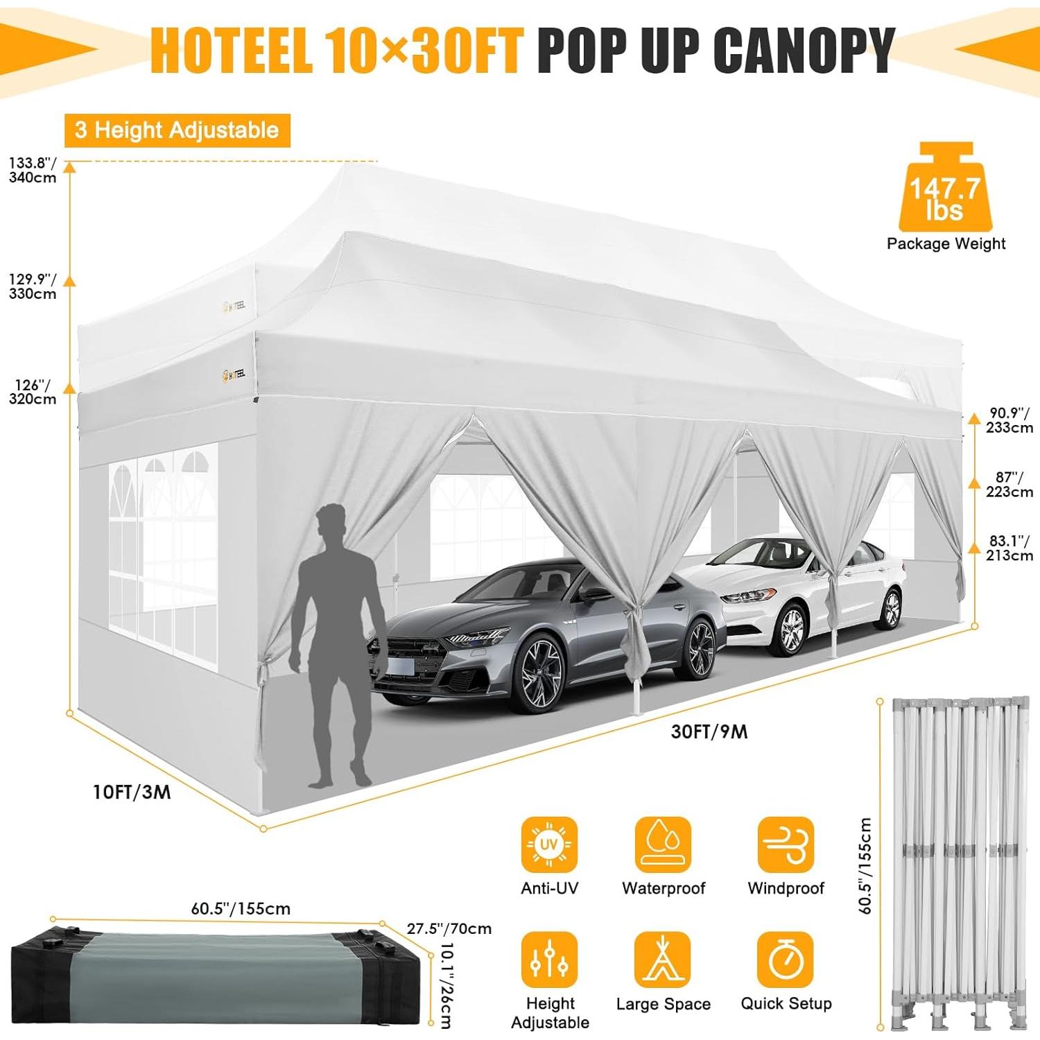 HOTEEL 10x30 Heavy Duty Pop Up Canopy Tent with Sidewalls, Tents for Parties Commercial Party Tent Event Wedding Instant Canopy Waterproof with Carry Bag, UV 50+, Thicked Hexagonal Legs, White