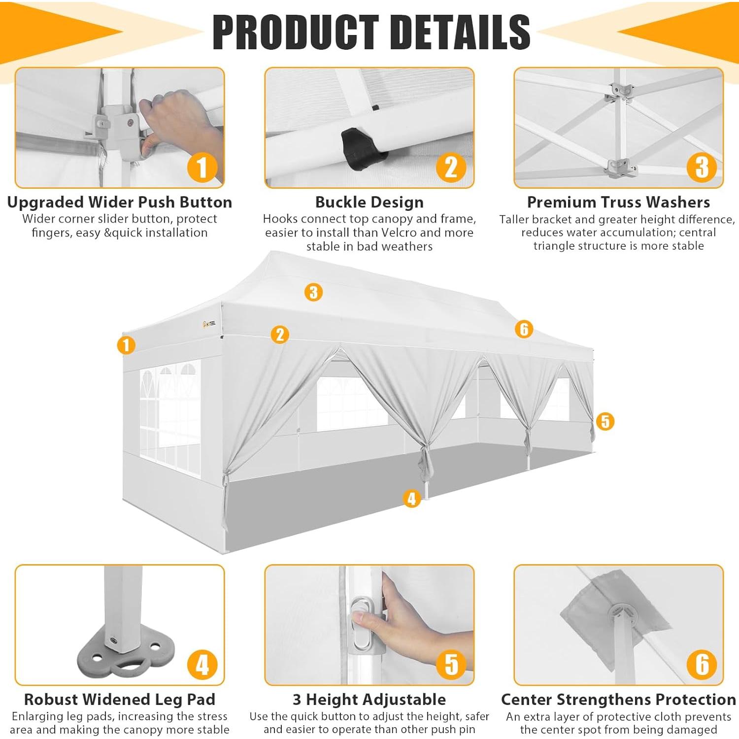 HOTEEL 10x30 Heavy Duty Pop Up Canopy Tent with Sidewalls, Tents for Parties Commercial Party Tent Event Wedding Instant Canopy Waterproof with Carry Bag, UV 50+, Thicked Hexagonal Legs, White
