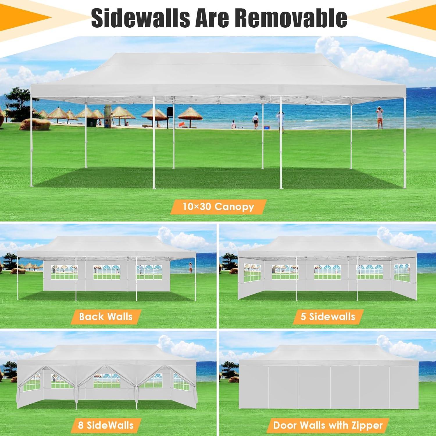 HOTEEL 10x30 Heavy Duty Pop Up Canopy Tent with Sidewalls, Tents for Parties Commercial Party Tent Event Wedding Instant Canopy Waterproof with Carry Bag, UV 50+, Thicked Hexagonal Legs, White