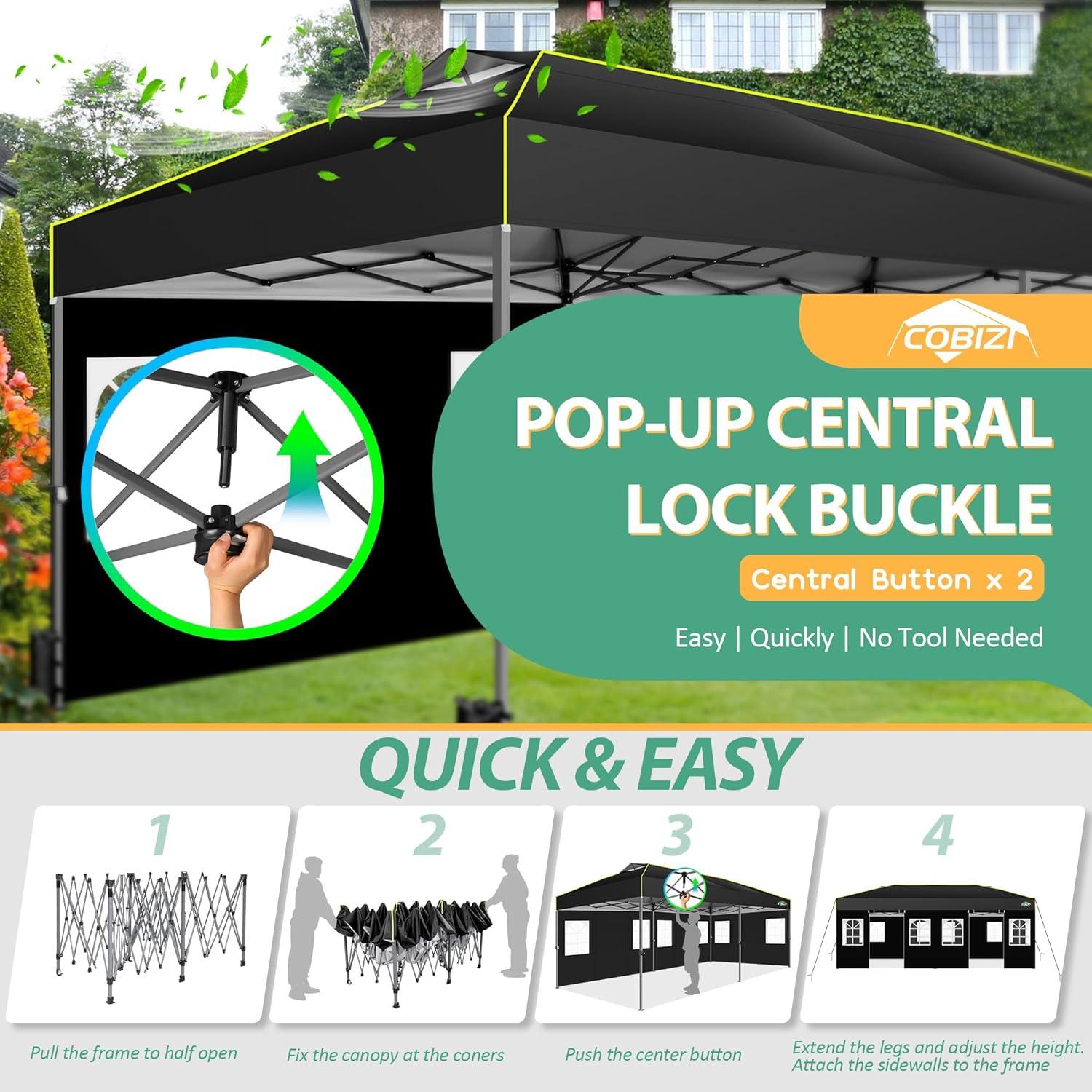 COBIZI 10x20 Pop Up Canopy with 6 Sidewalls One Push Setup Outdoor Event Shelter Waterproof UPF 50+ Gazebo Tent with Carry Bag,Air Vent,Sandbag for Wedding, Commercial, Party,Black