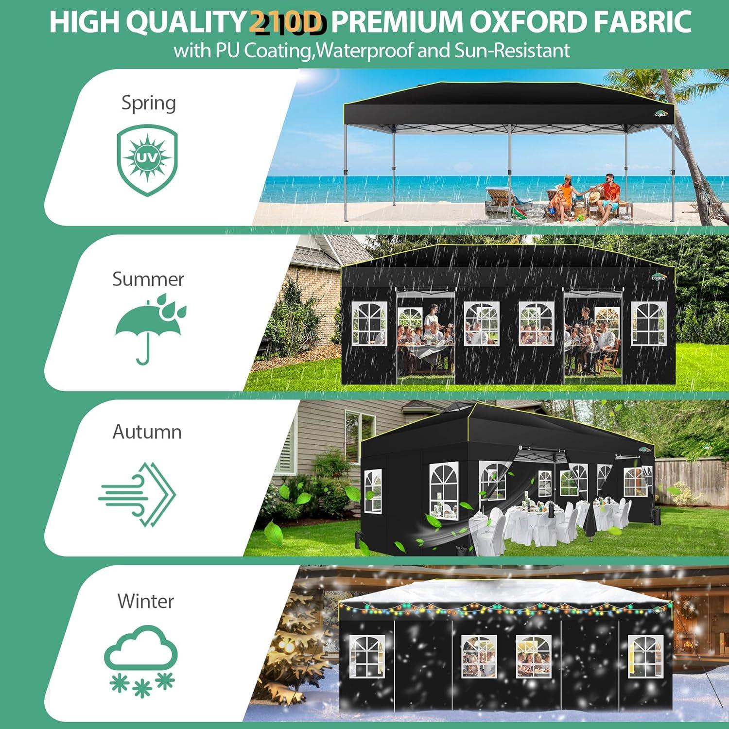 COBIZI 10x20 Pop Up Canopy with 6 Sidewalls One Push Setup Outdoor Event Shelter Waterproof UPF 50+ Gazebo Tent with Carry Bag,Air Vent,Sandbag for Wedding, Commercial, Party,Black