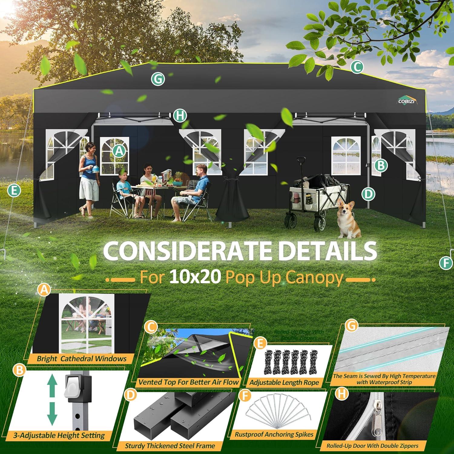 COBIZI 10x20 Pop Up Canopy with 6 Sidewalls One Push Setup Outdoor Event Shelter Waterproof UPF 50+ Gazebo Tent with Carry Bag,Air Vent,Sandbag for Wedding, Commercial, Party,Black