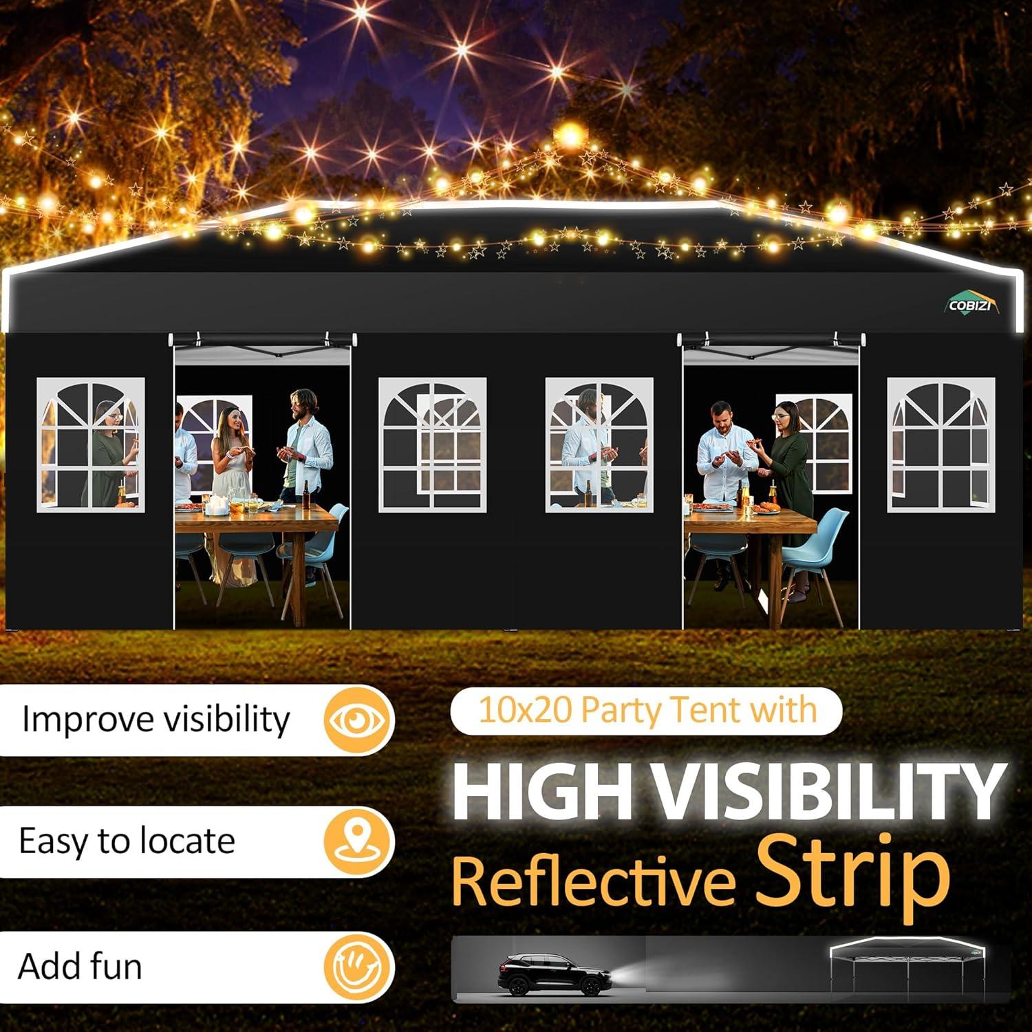 COBIZI 10x20 Pop Up Canopy with 6 Sidewalls One Push Setup Outdoor Event Shelter Waterproof UPF 50+ Gazebo Tent with Carry Bag,Air Vent,Sandbag for Wedding, Commercial, Party,Black