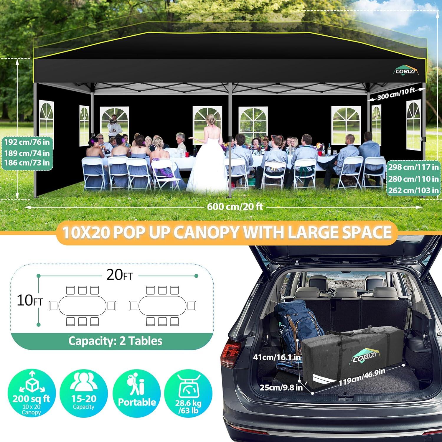 COBIZI 10x20 Pop Up Canopy with 6 Sidewalls One Push Setup Outdoor Event Shelter Waterproof UPF 50+ Gazebo Tent with Carry Bag,Air Vent,Sandbag for Wedding, Commercial, Party,Black