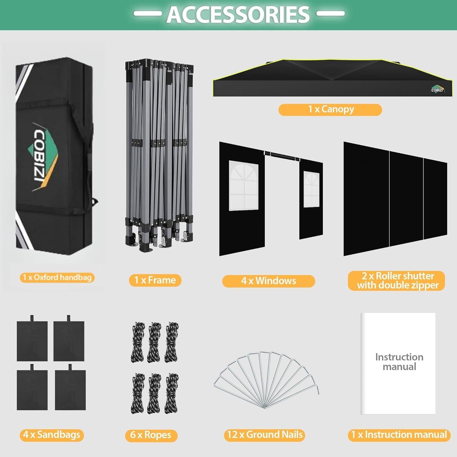 COBIZI 10x20 Pop Up Canopy with 6 Sidewalls One Push Setup Outdoor Event Shelter Waterproof UPF 50+ Gazebo Tent with Carry Bag,Air Vent,Sandbag for Wedding, Commercial, Party,Black