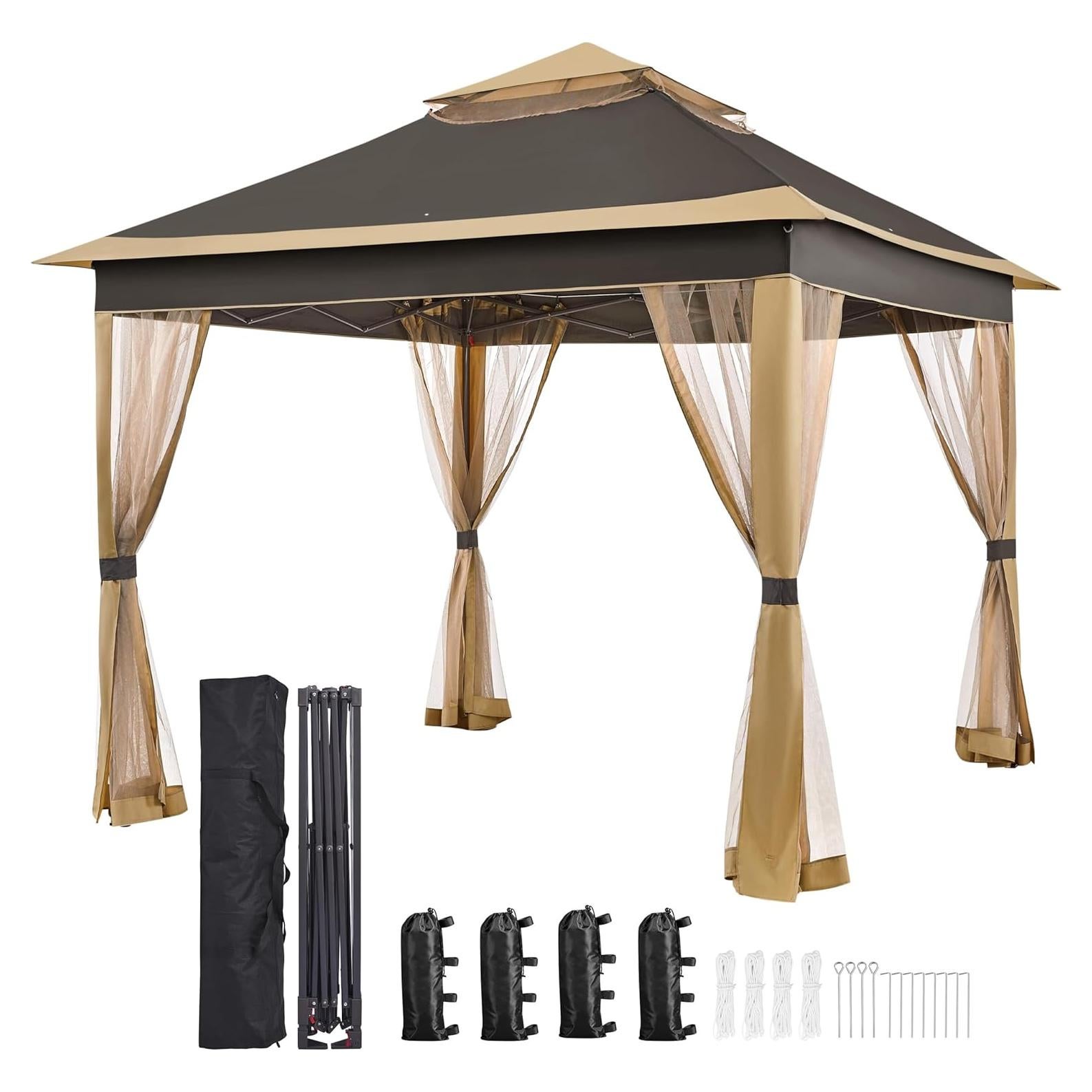 Yaheetech 11x11 Pop Up Gazebo Outdoor Canopy Shelter, Instant Patio Gazebo Sun Shade Canopy Tent with 4 Sandbags, 2 Tiers Roof & Mesh Netting for Lawn, Garden, Backyard & Deck, Brown