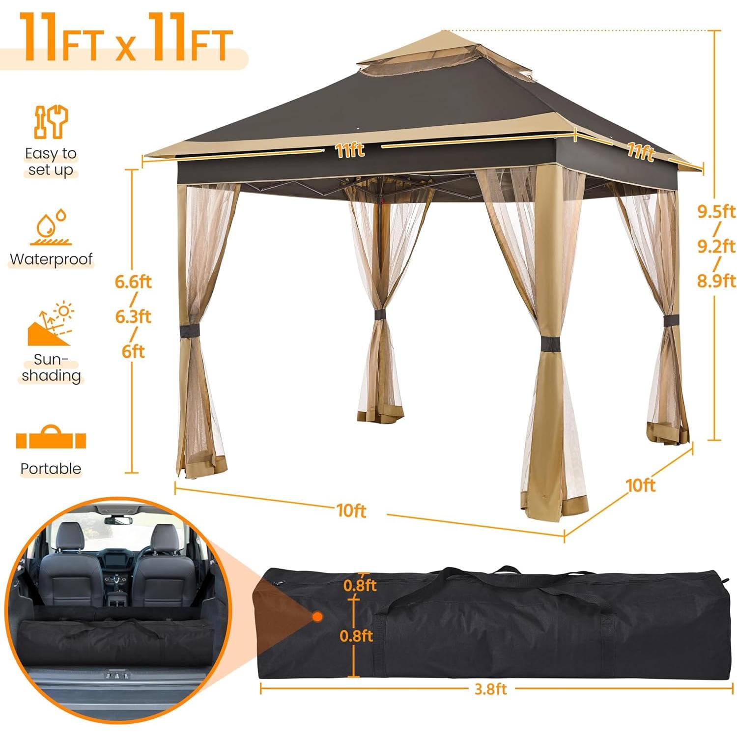Yaheetech 11x11 Pop Up Gazebo Outdoor Canopy Shelter, Instant Patio Gazebo Sun Shade Canopy Tent with 4 Sandbags, 2 Tiers Roof & Mesh Netting for Lawn, Garden, Backyard & Deck, Brown