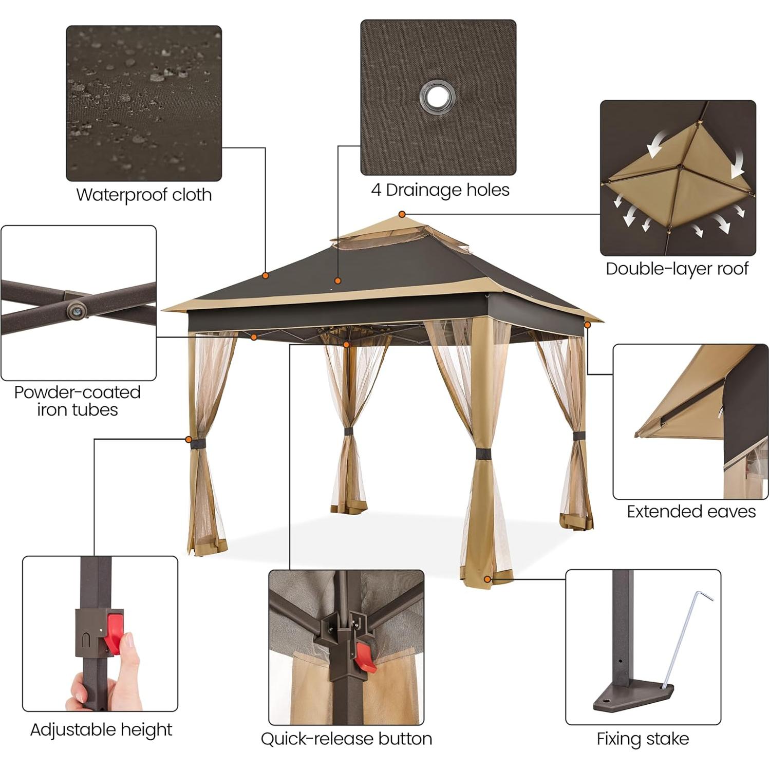 Yaheetech 11x11 Pop Up Gazebo Outdoor Canopy Shelter, Instant Patio Gazebo Sun Shade Canopy Tent with 4 Sandbags, 2 Tiers Roof & Mesh Netting for Lawn, Garden, Backyard & Deck, Brown