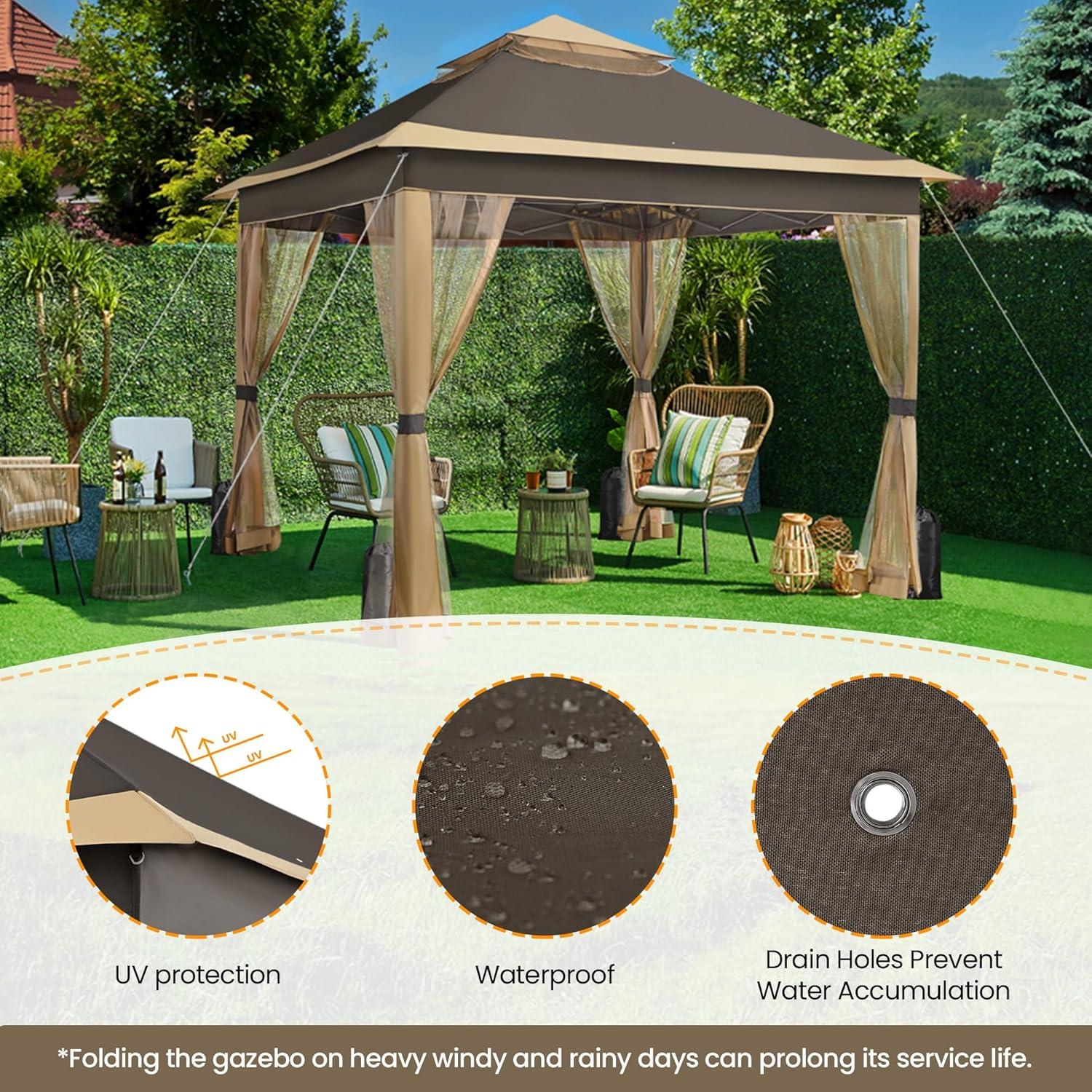 Yaheetech 11x11 Pop Up Gazebo Outdoor Canopy Shelter, Instant Patio Gazebo Sun Shade Canopy Tent with 4 Sandbags, 2 Tiers Roof & Mesh Netting for Lawn, Garden, Backyard & Deck, Brown